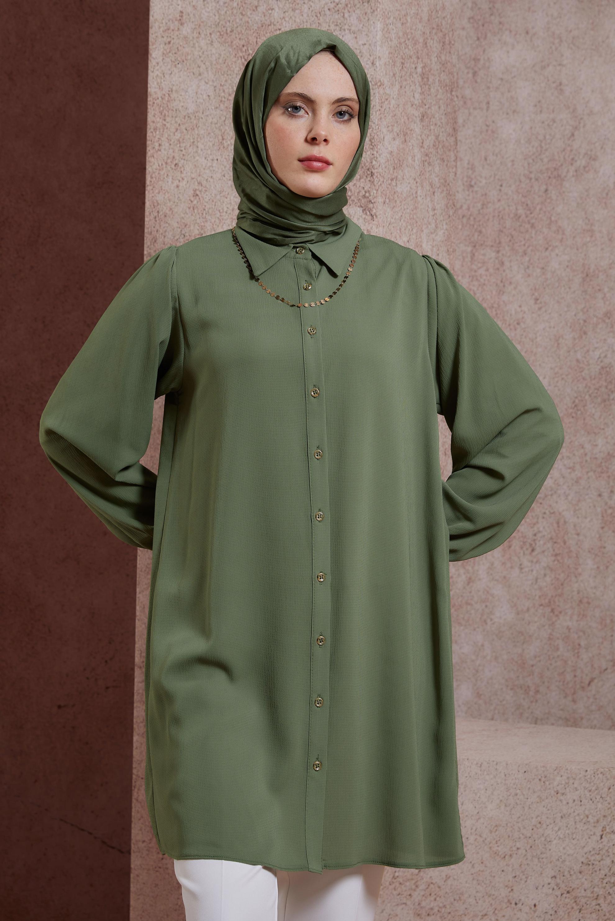 Tesettür giyim HAKİ GÖMLEK YAKA TUNİK 44474