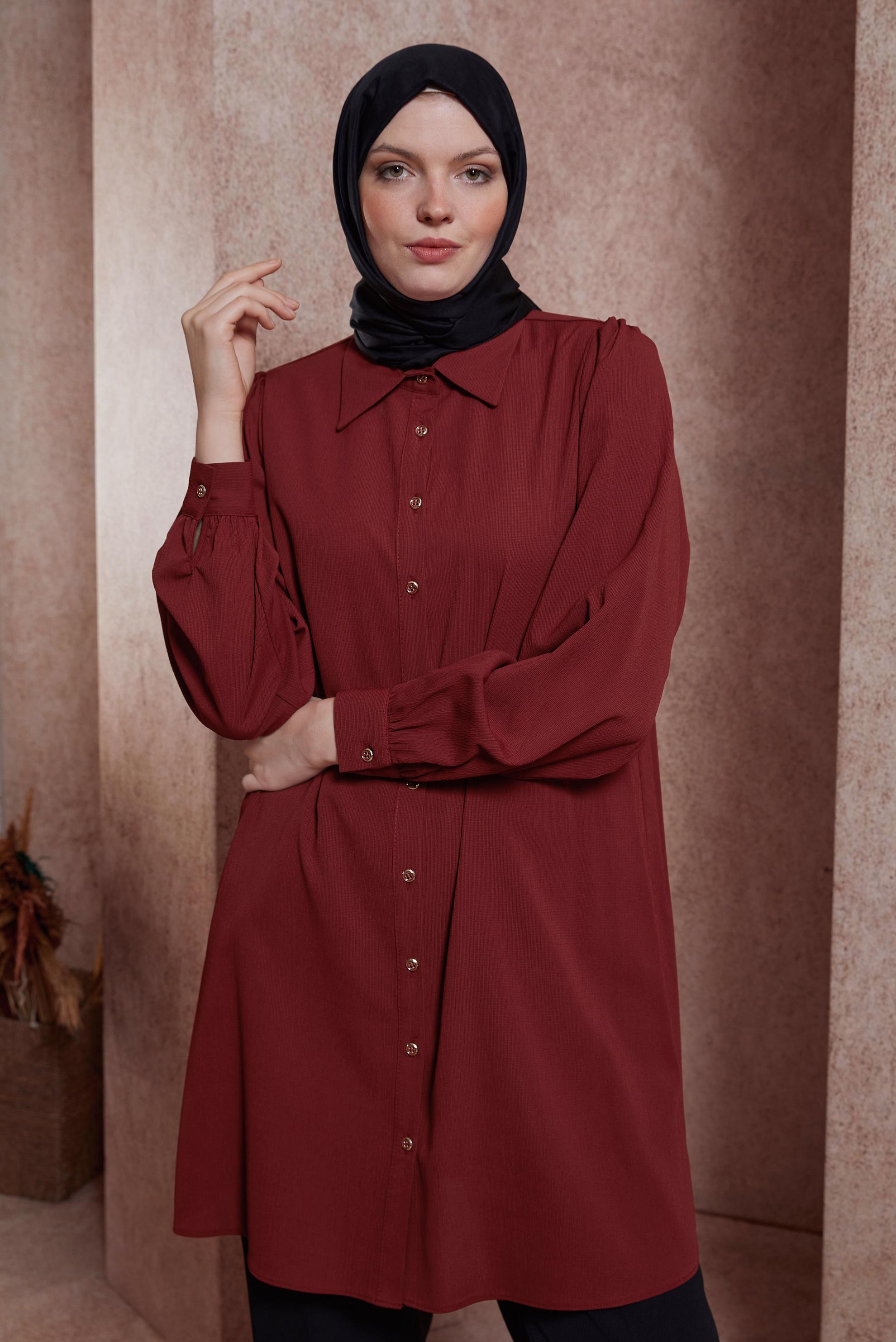 Tesettür giyim BORDO GÖMLEK YAKA TUNİK 44474