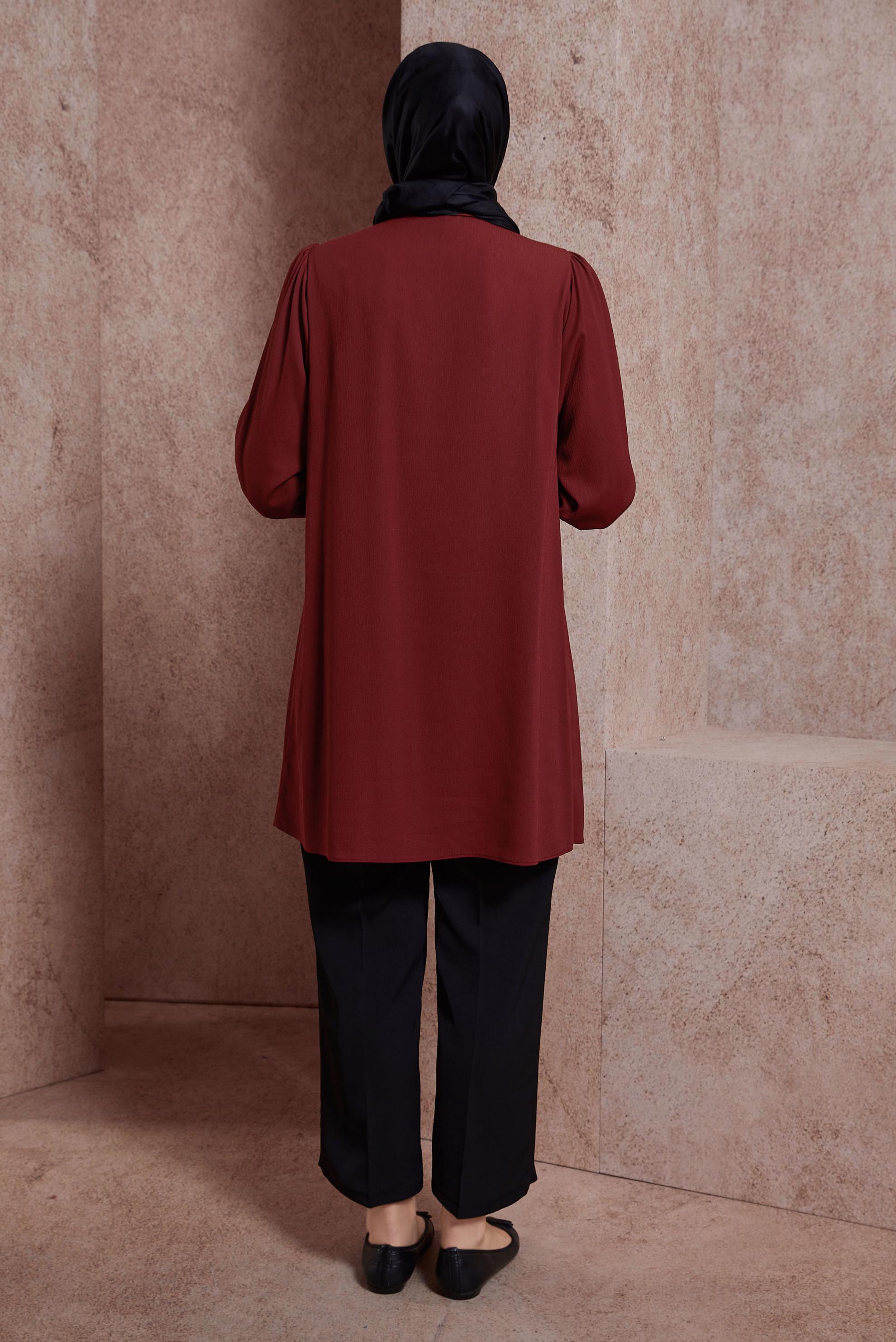 Tesettür giyim BORDO GÖMLEK YAKA TUNİK 44474
