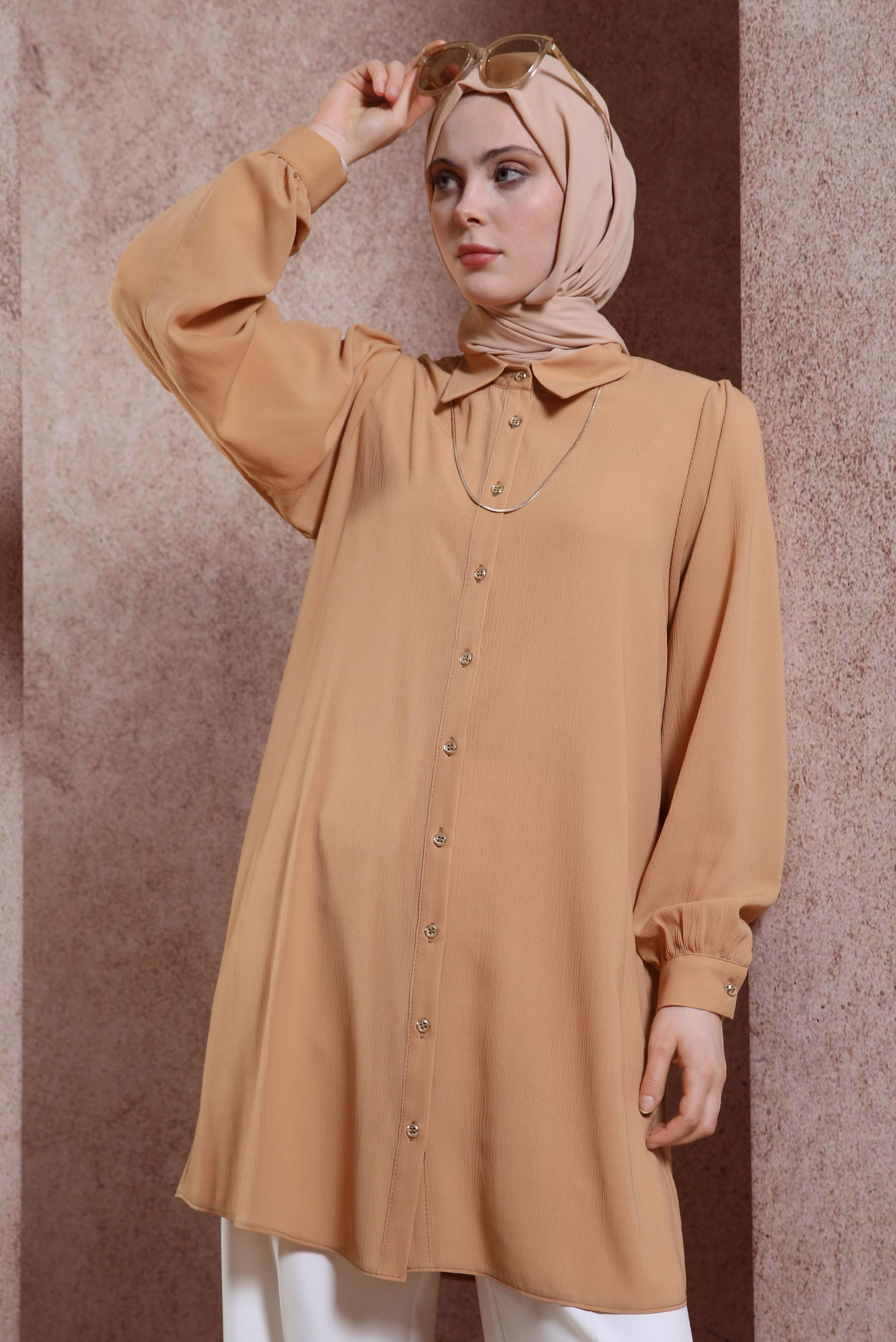 Tesettür giyim TABA GÖMLEK YAKA TUNİK 44474