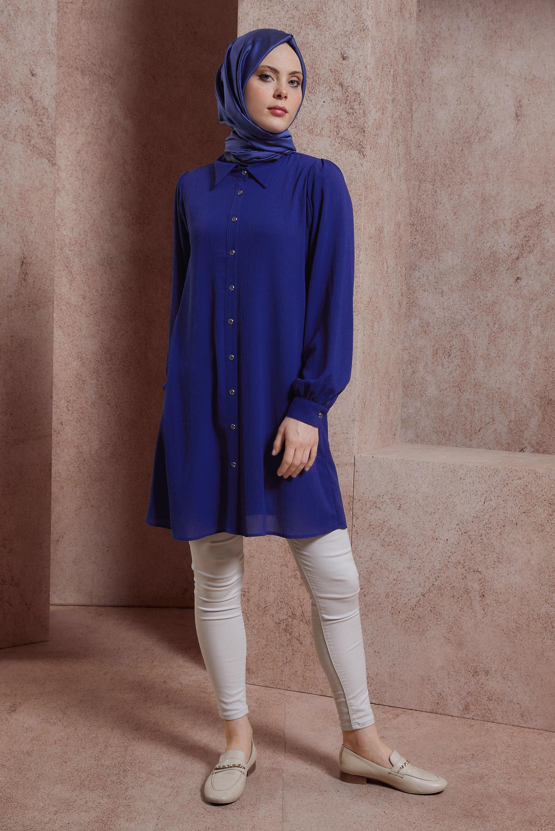 Tesettür giyim LACİVERT GÖMLEK YAKA TUNİK 44474