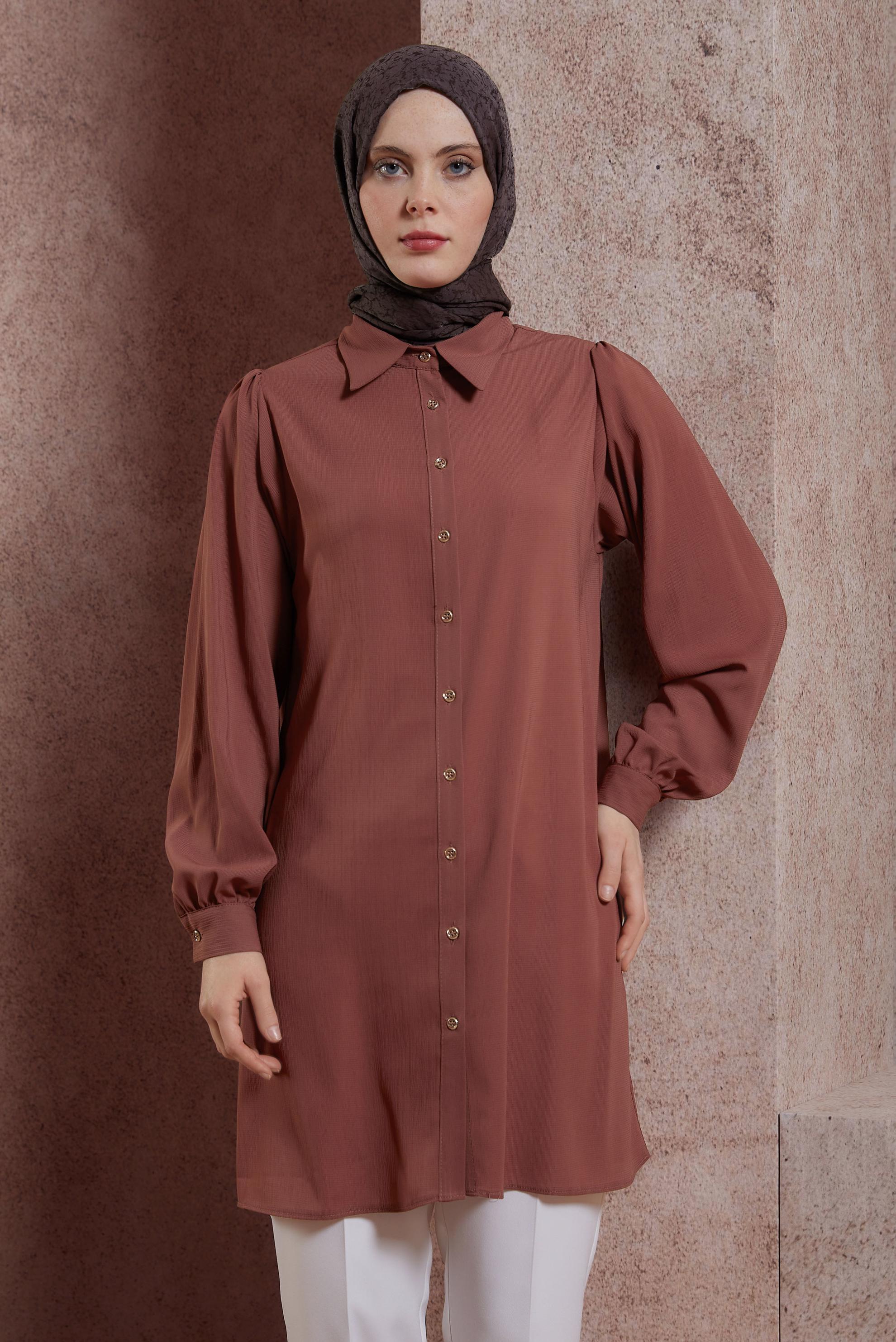 Tesettür giyim KAHVE GÖMLEK YAKA TUNİK 44474