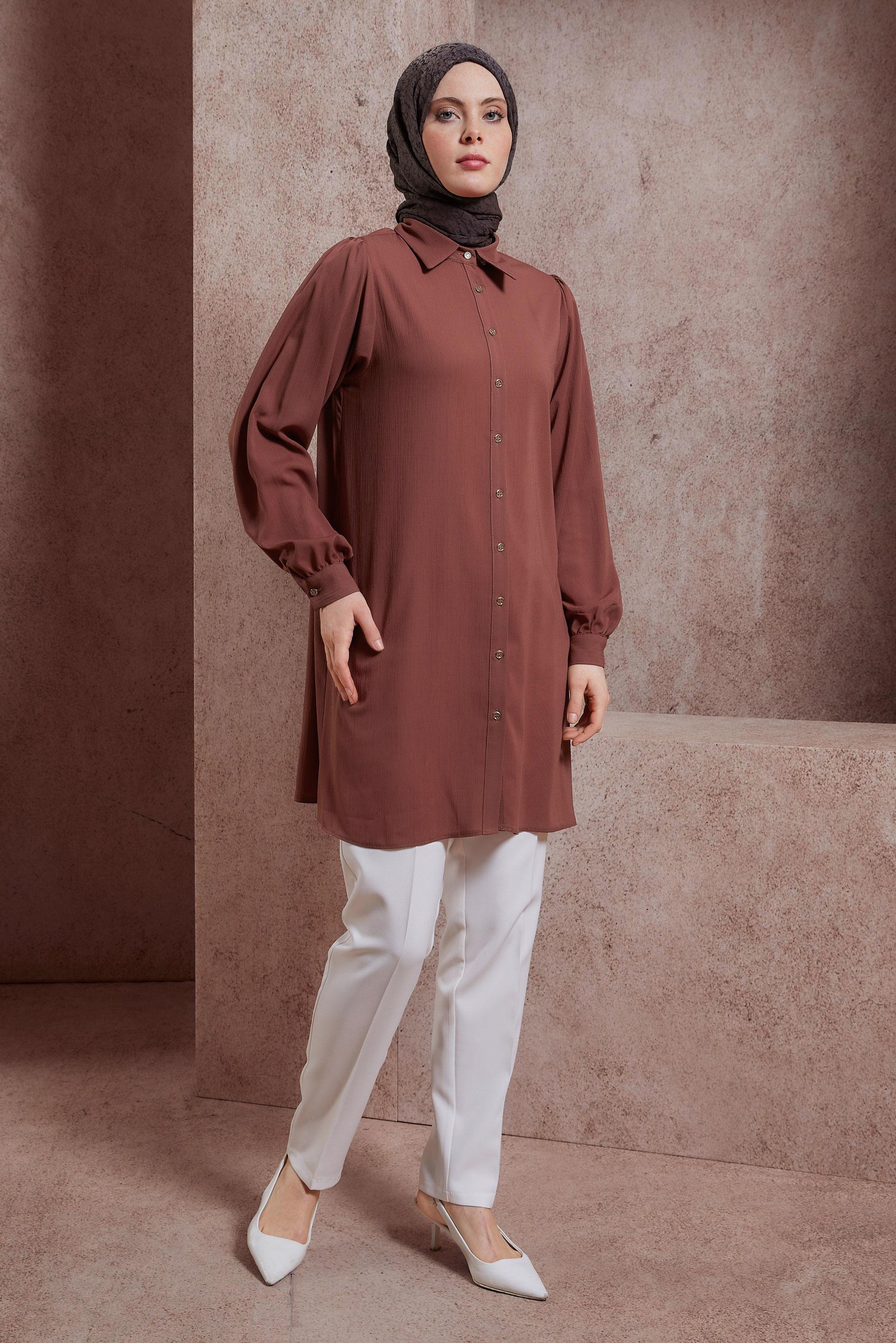Tesettür giyim KAHVE GÖMLEK YAKA TUNİK 44474