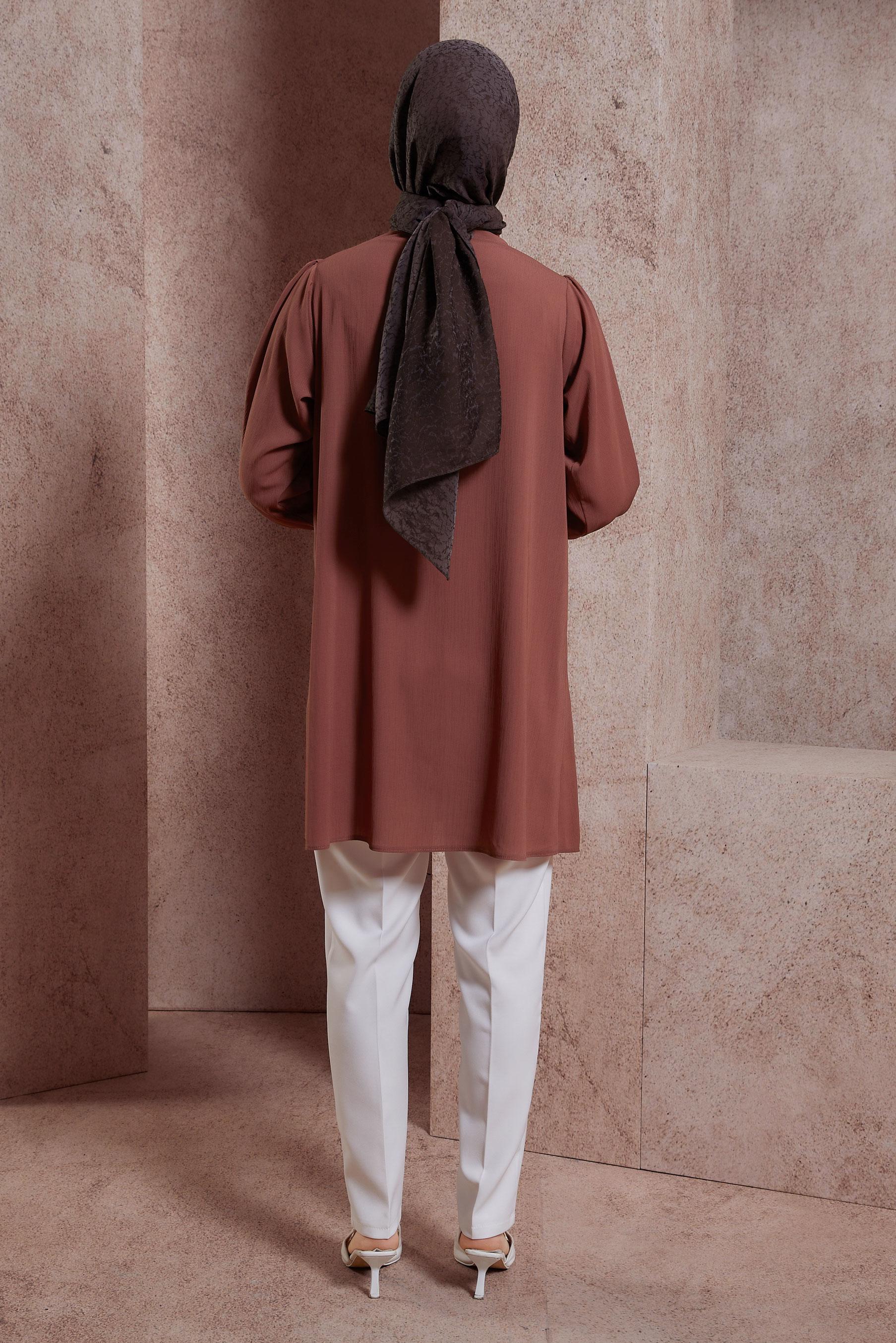 Tesettür giyim KAHVE GÖMLEK YAKA TUNİK 44474