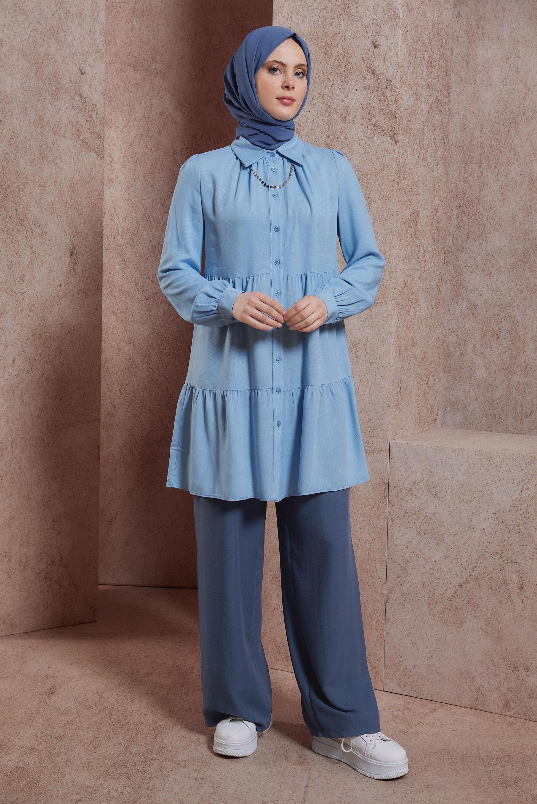 Tesettür giyim MAVİ GÖMLEK YAKA TUNİK 44476
