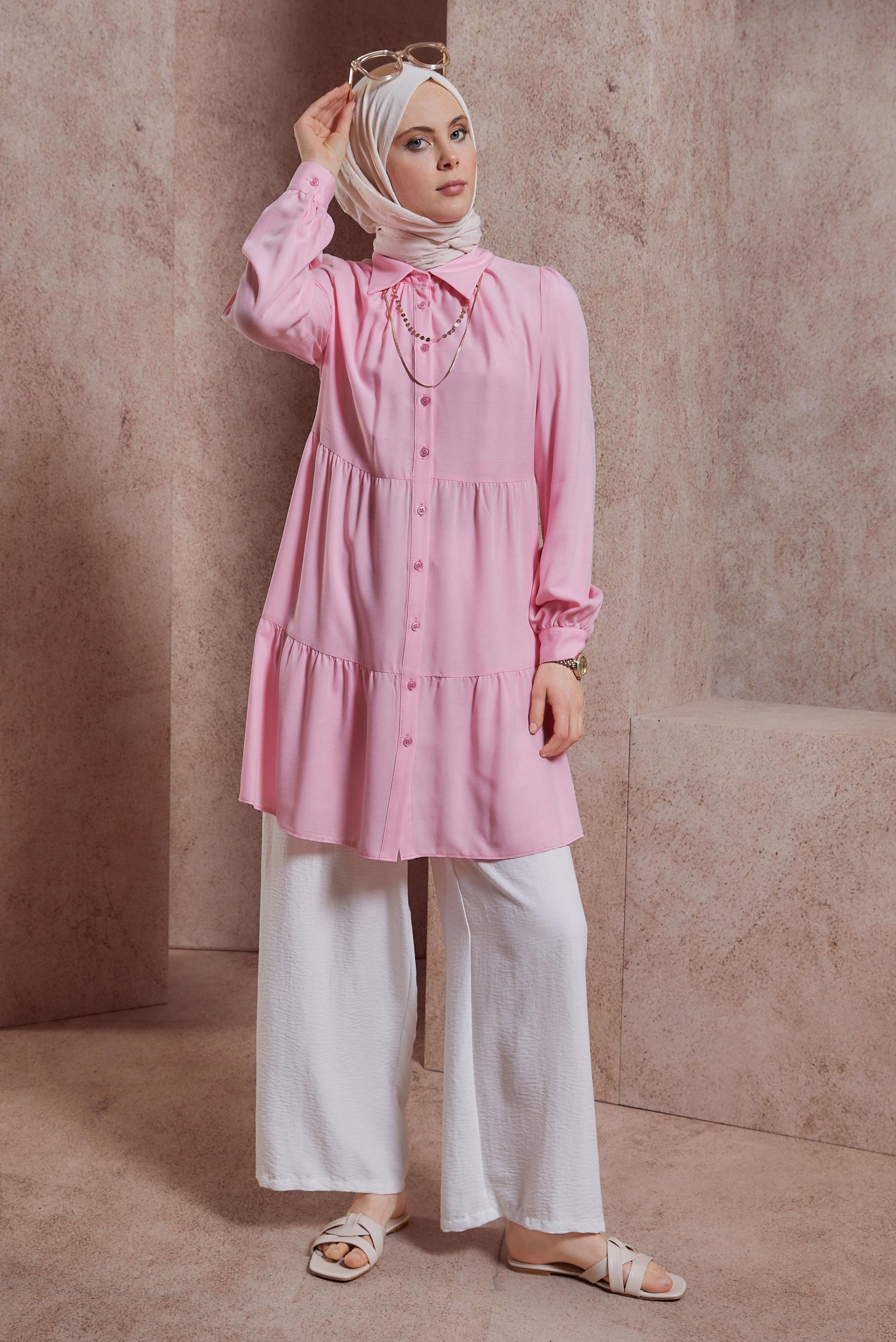 Tesettür giyim PEMBE GÖMLEK YAKA TUNİK 44476