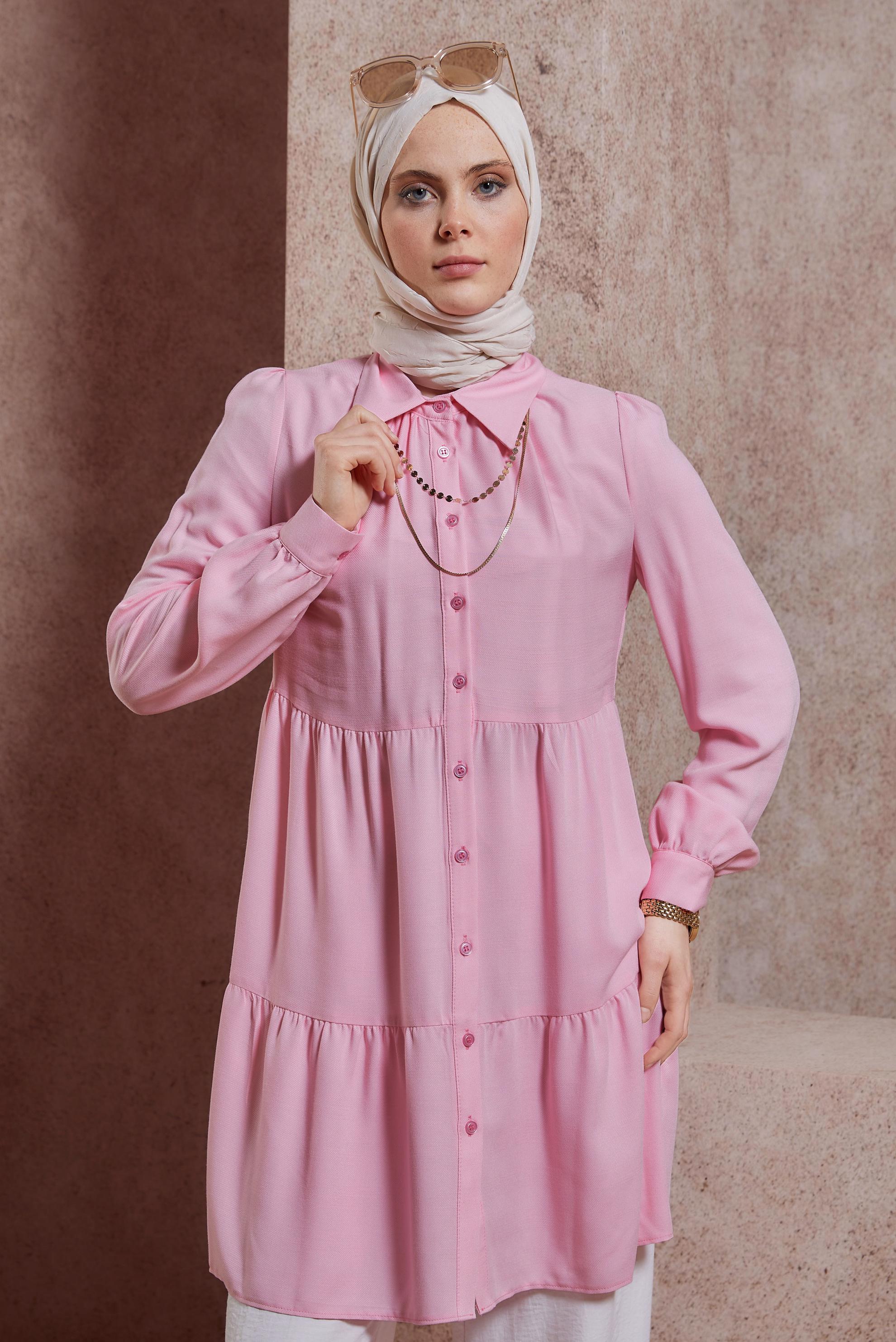 Tesettür giyim PEMBE GÖMLEK YAKA TUNİK 44476