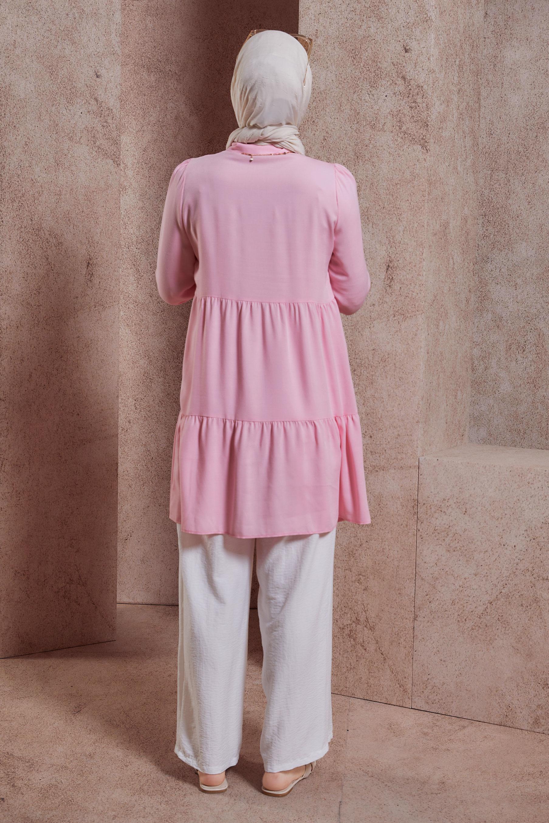 Tesettür giyim PEMBE GÖMLEK YAKA TUNİK 44476