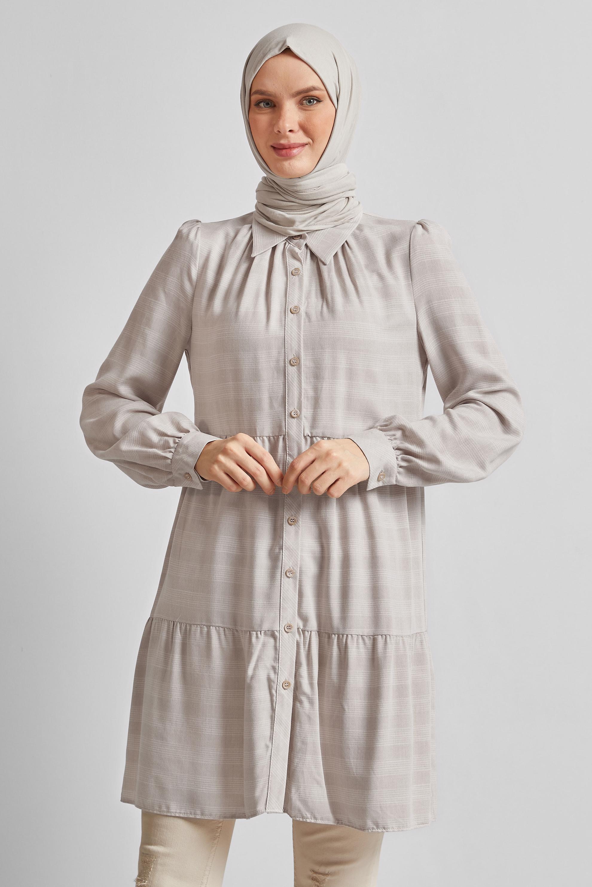Tesettür giyim BEJ GÖMLEK YAKA TUNİK 44476