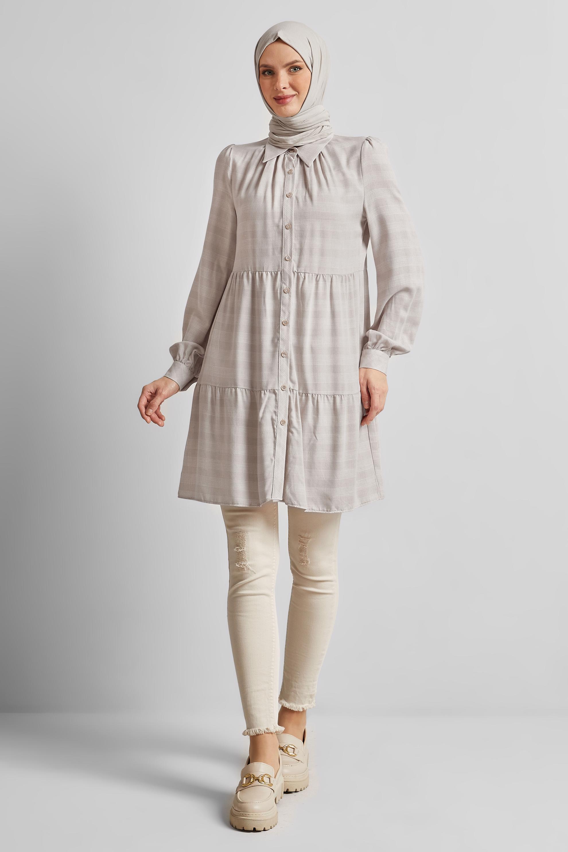Tesettür giyim BEJ GÖMLEK YAKA TUNİK 44476