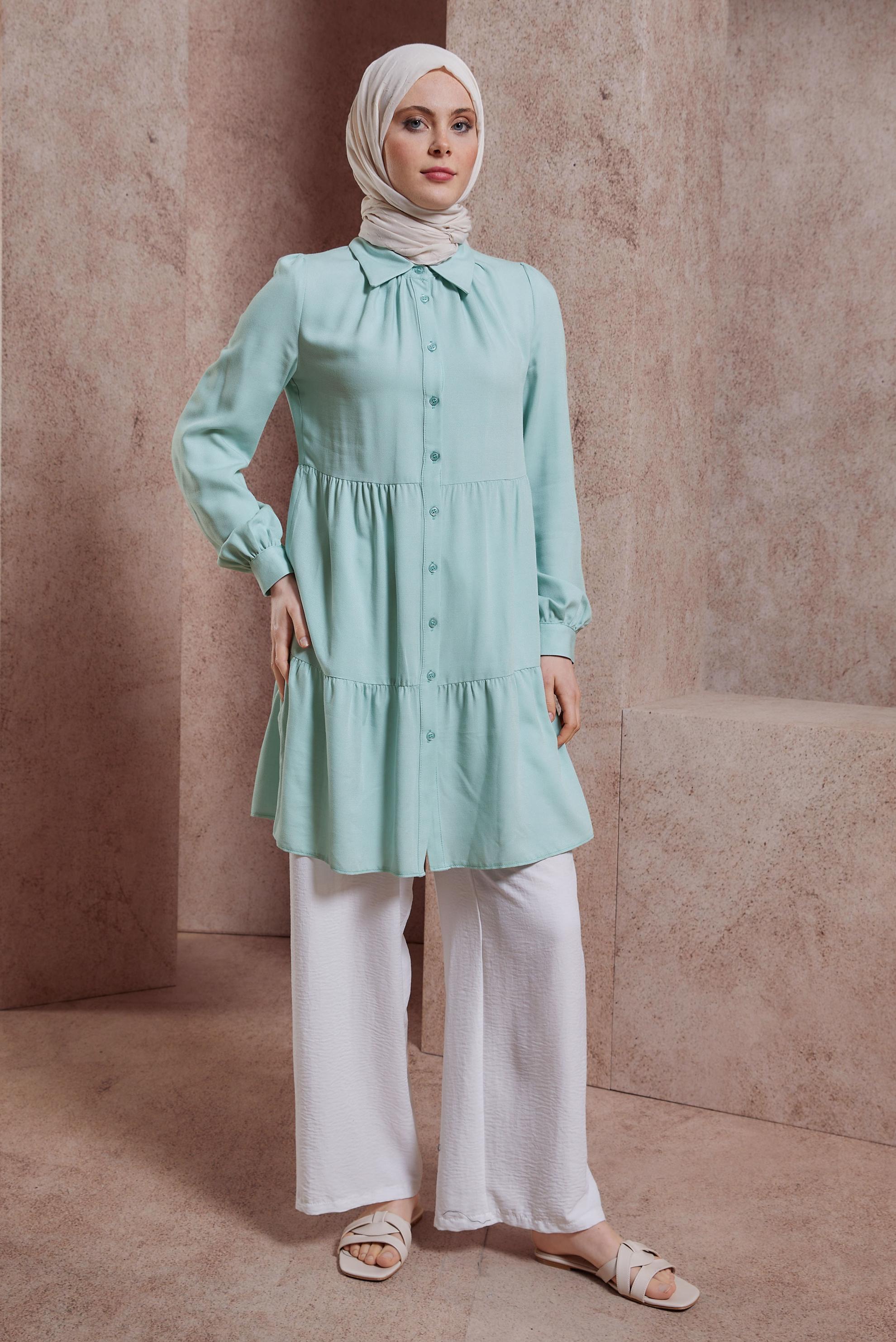 Tesettür giyim YEŞİL GÖMLEK YAKA TUNİK 44476
