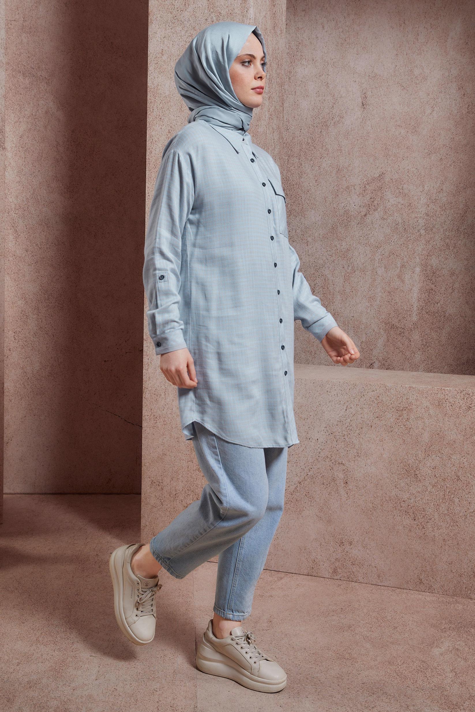 Tesettür giyim MAVİ PÖTİKARE DESENLİ TUNİK 44478