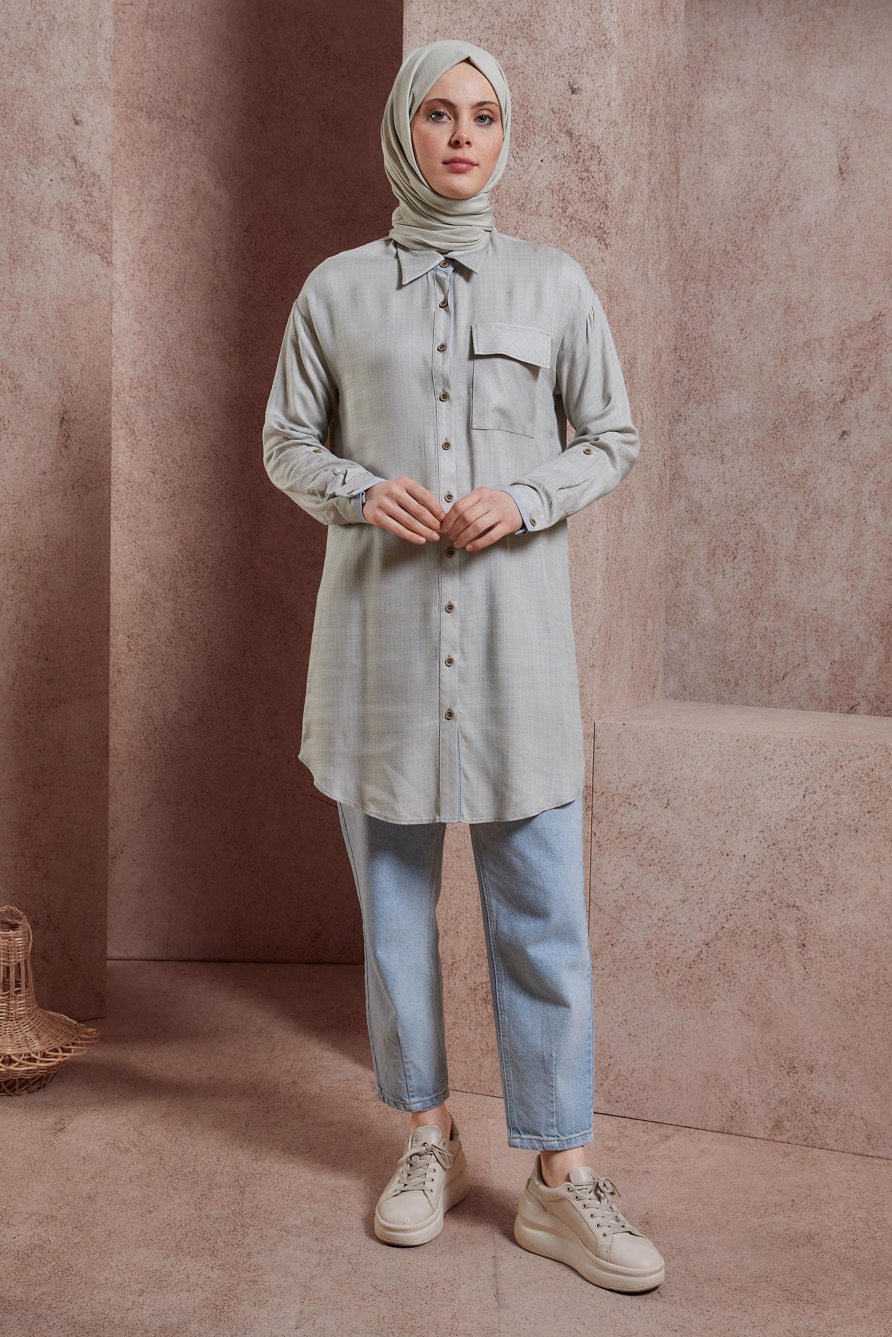 Tesettür giyim BEJ PÖTİKARE DESENLİ TUNİK 44478