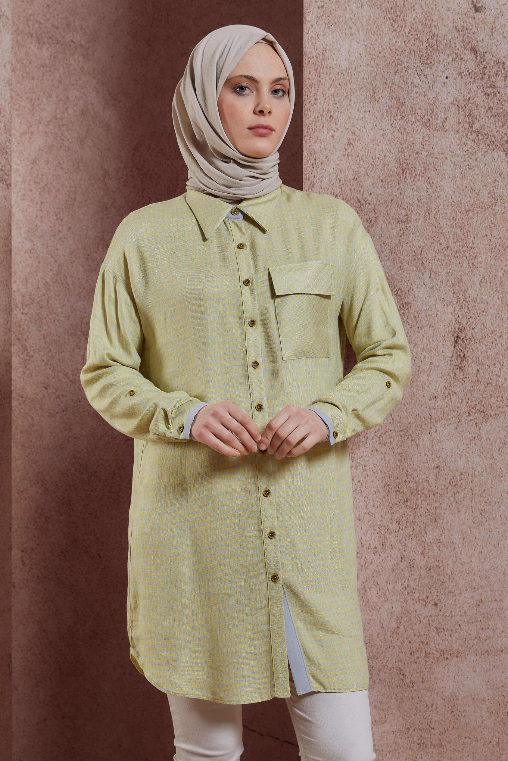 Tesettür giyim SARI PÖTİKARE DESENLİ TUNİK 44478