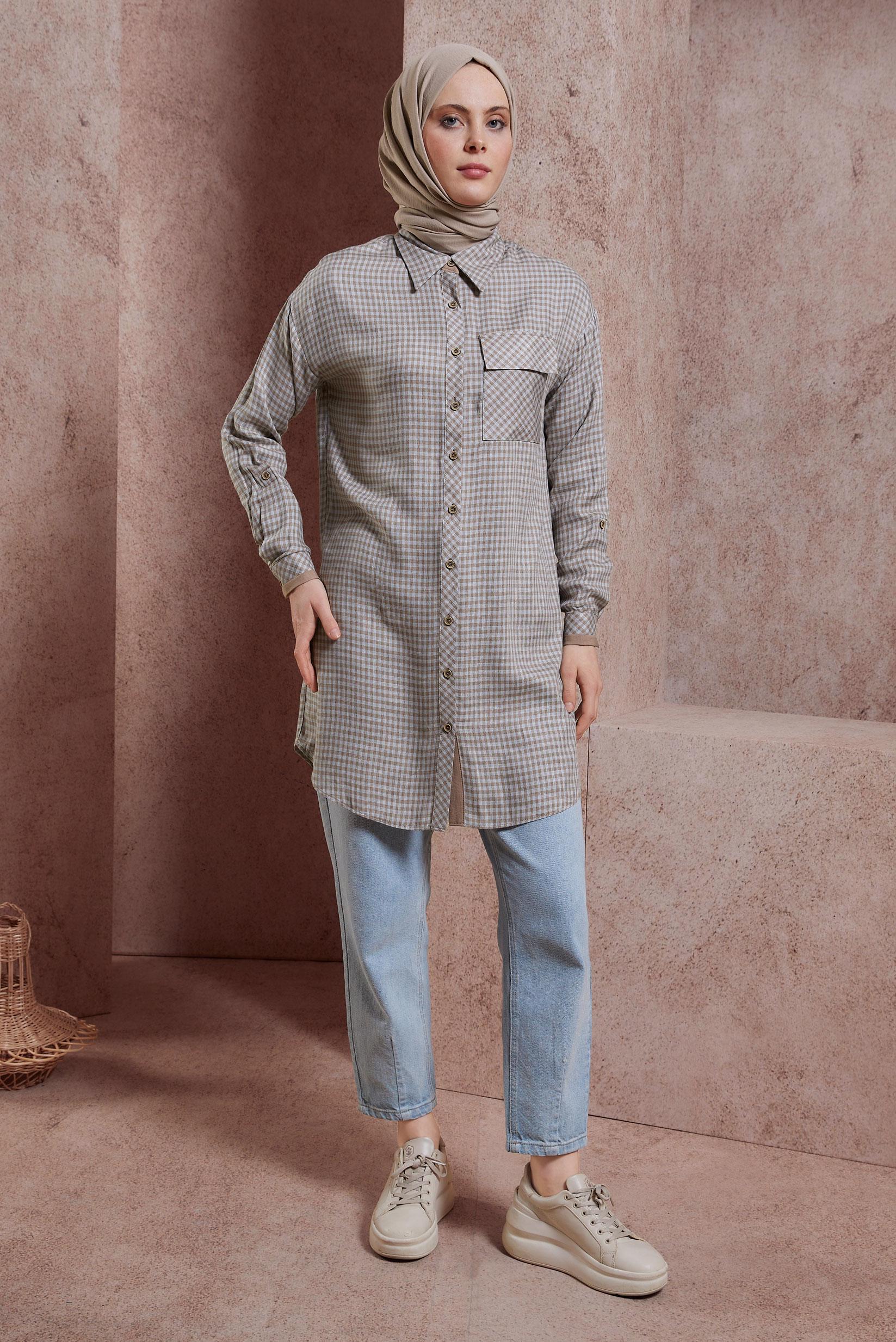 Tesettür giyim VİZON PÖTİKARE DESENLİ TUNİK 44478