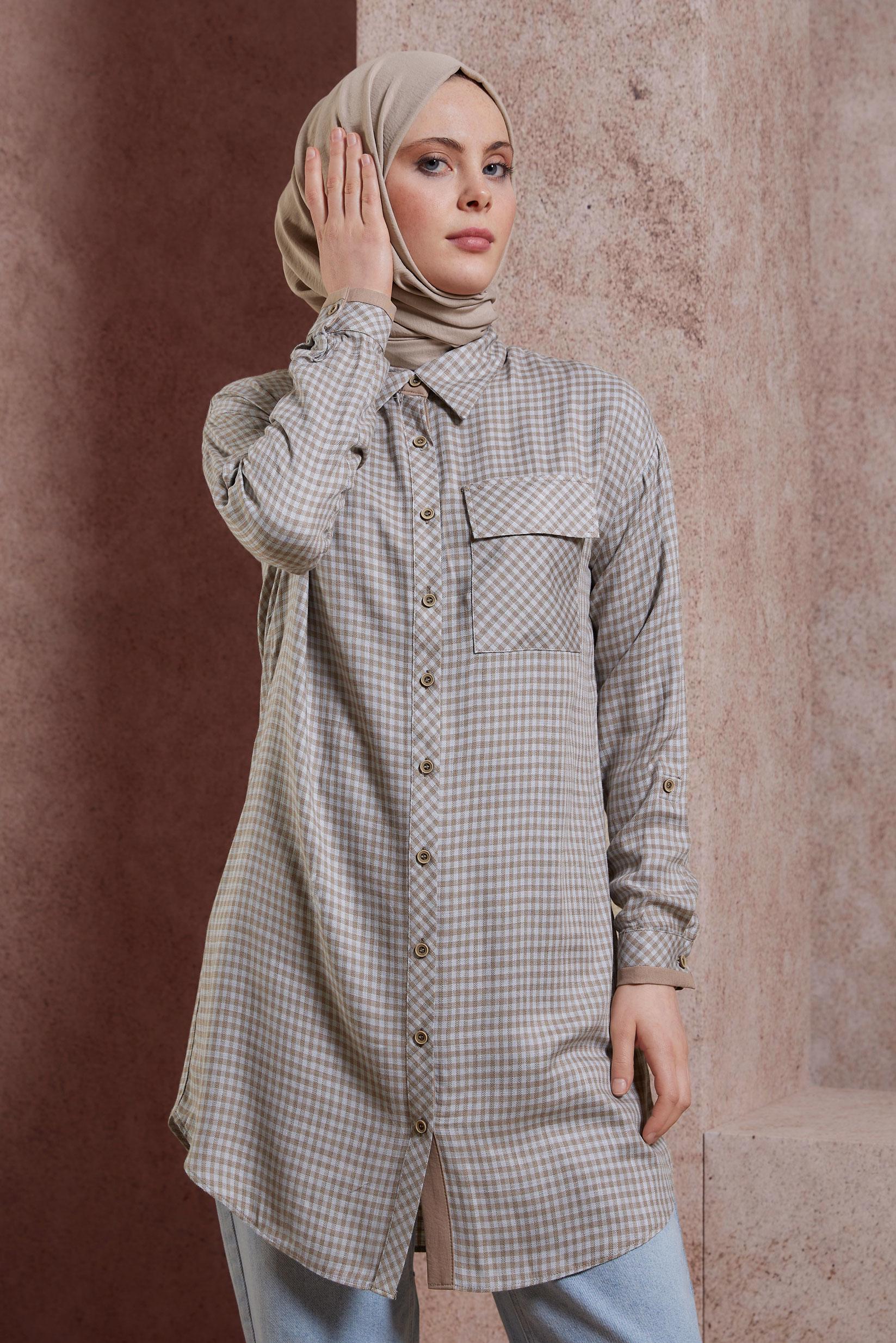 Tesettür giyim VİZON PÖTİKARE DESENLİ TUNİK 44478