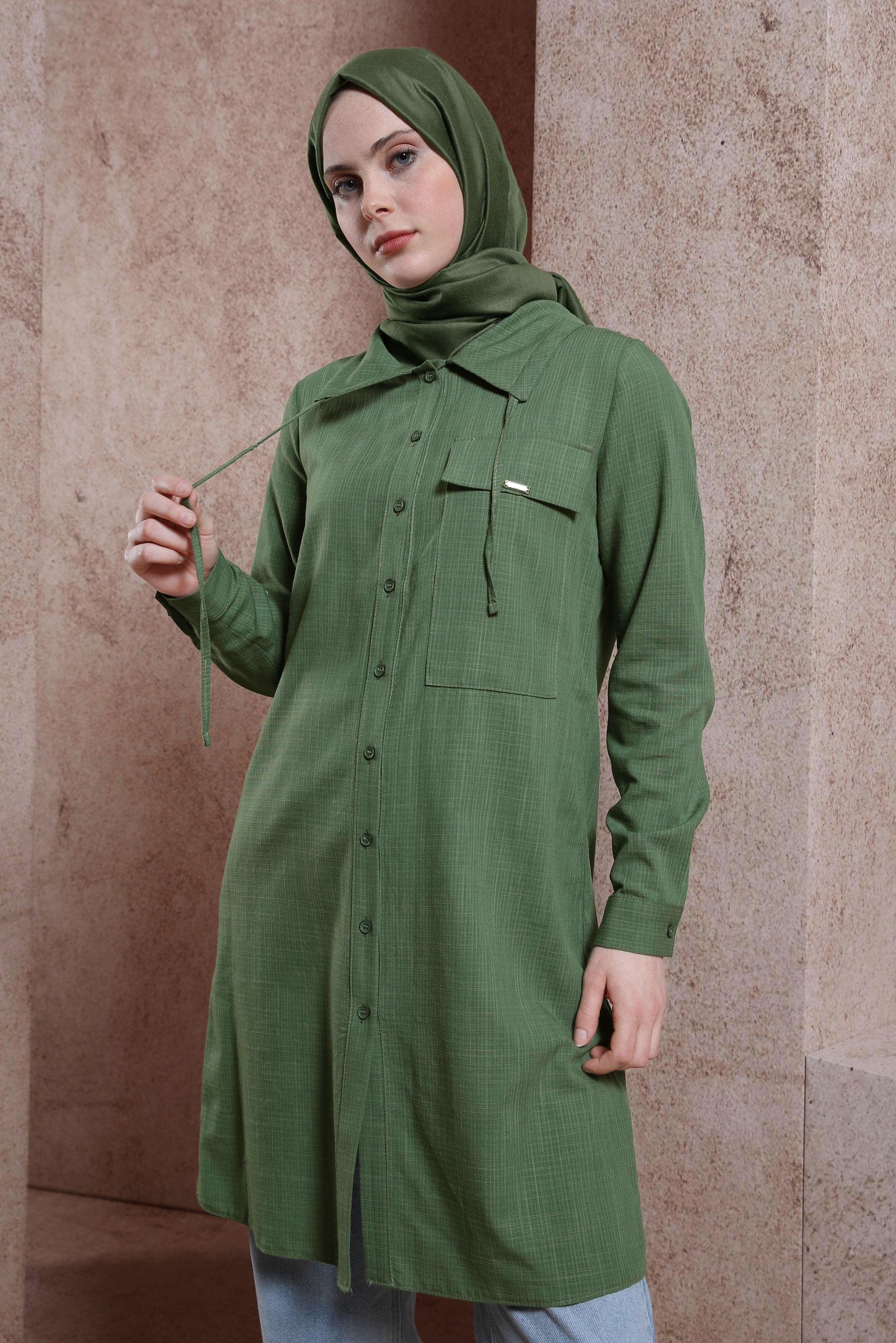 Tesettür giyim HAKİ DÜĞMELİ TUNİK 44479