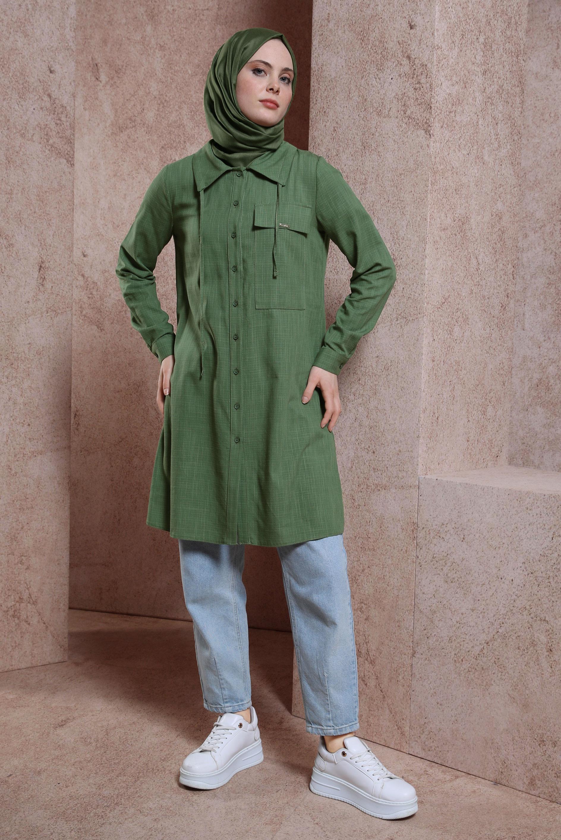 Tesettür giyim HAKİ DÜĞMELİ TUNİK 44479