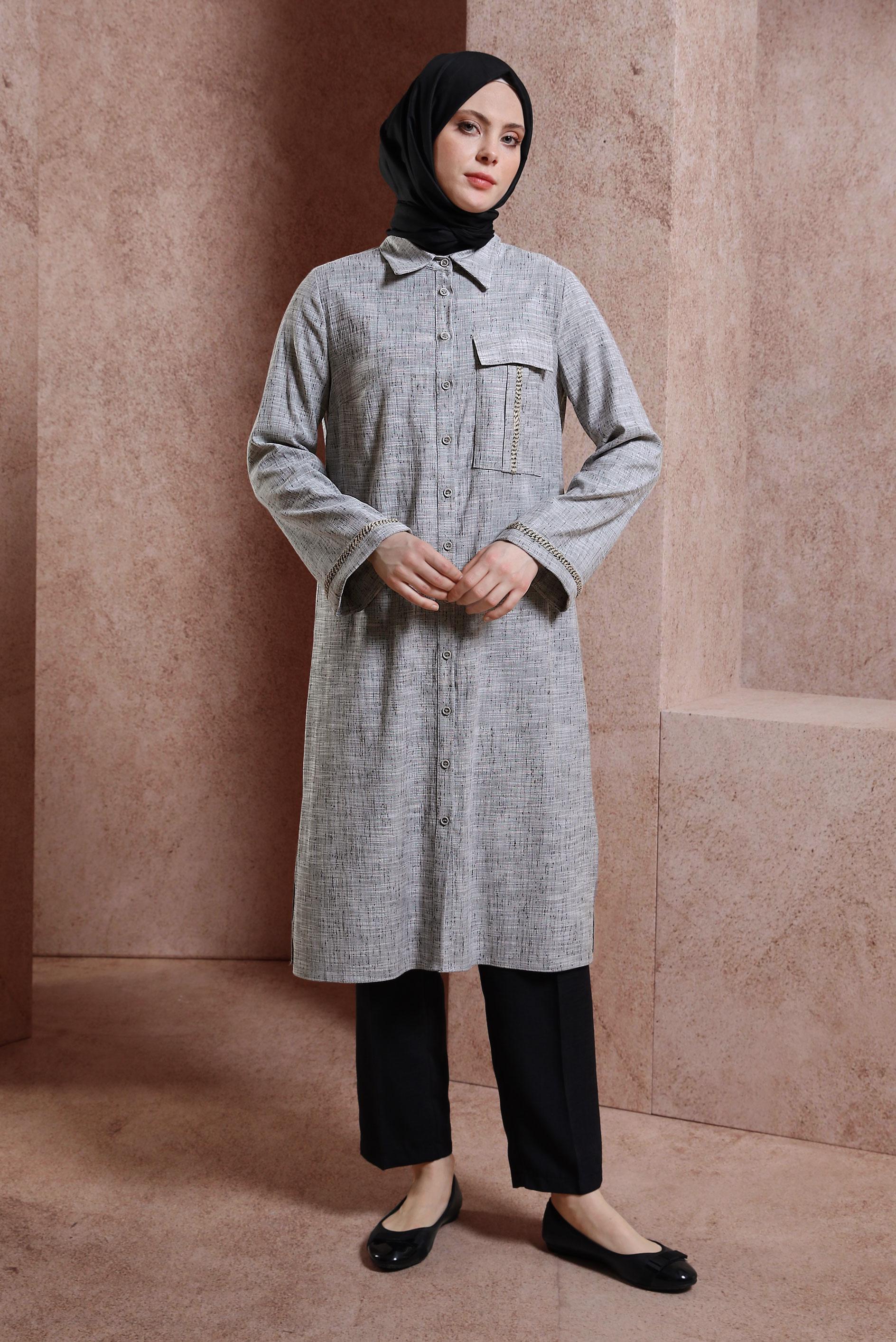 Tesettür giyim SİYAH GÖMLEK YAKA TUNİK 44480