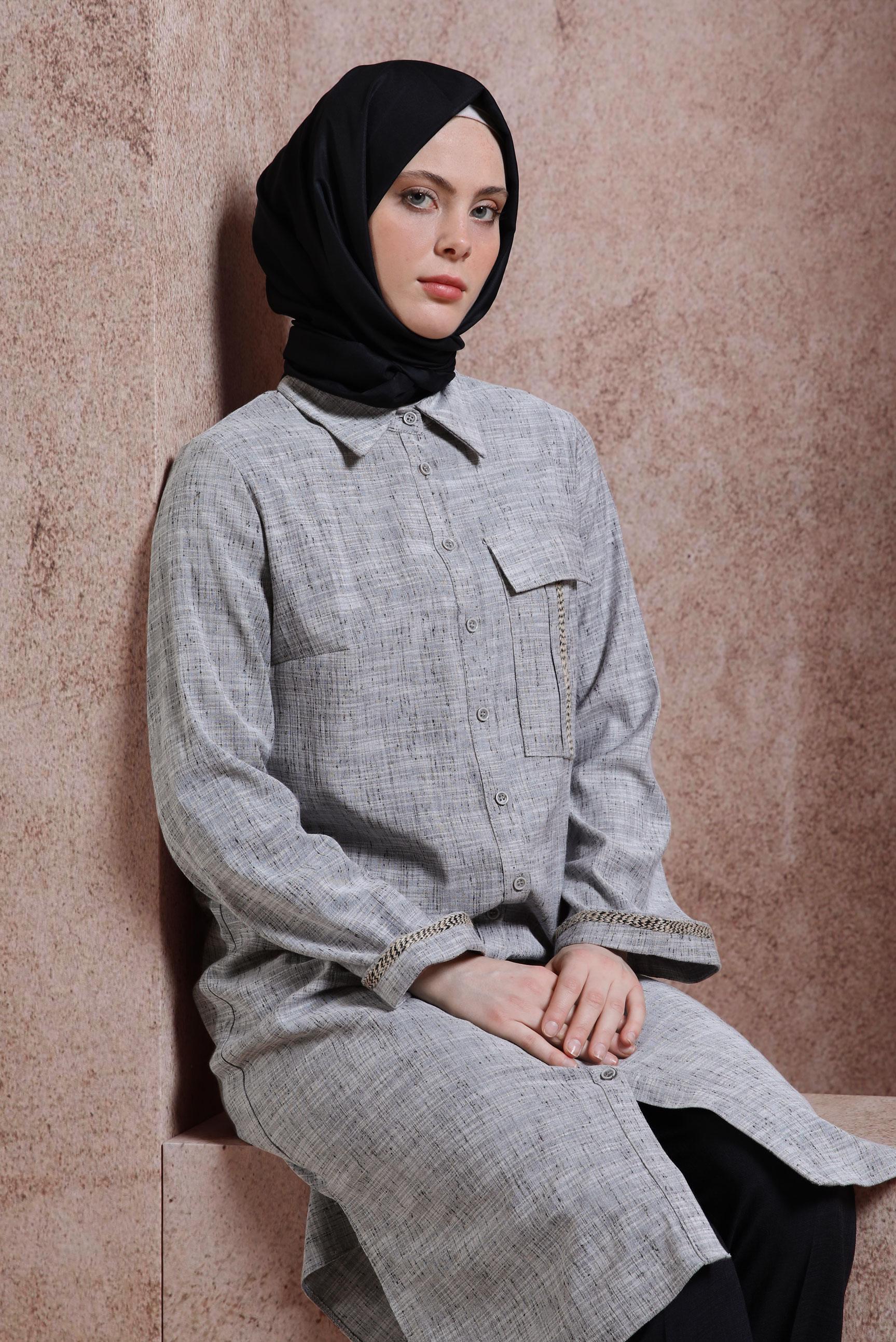 Tesettür giyim SİYAH GÖMLEK YAKA TUNİK 44480