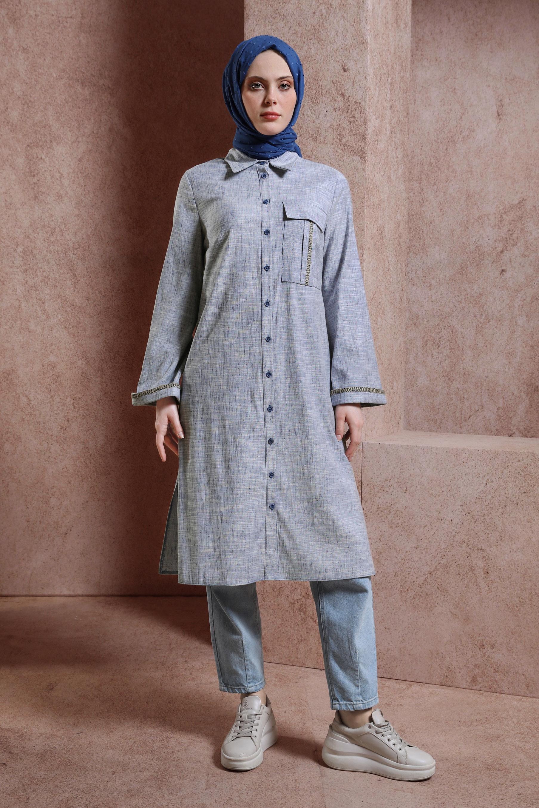 Tesettür giyim LACİVERT GÖMLEK YAKA TUNİK 44480