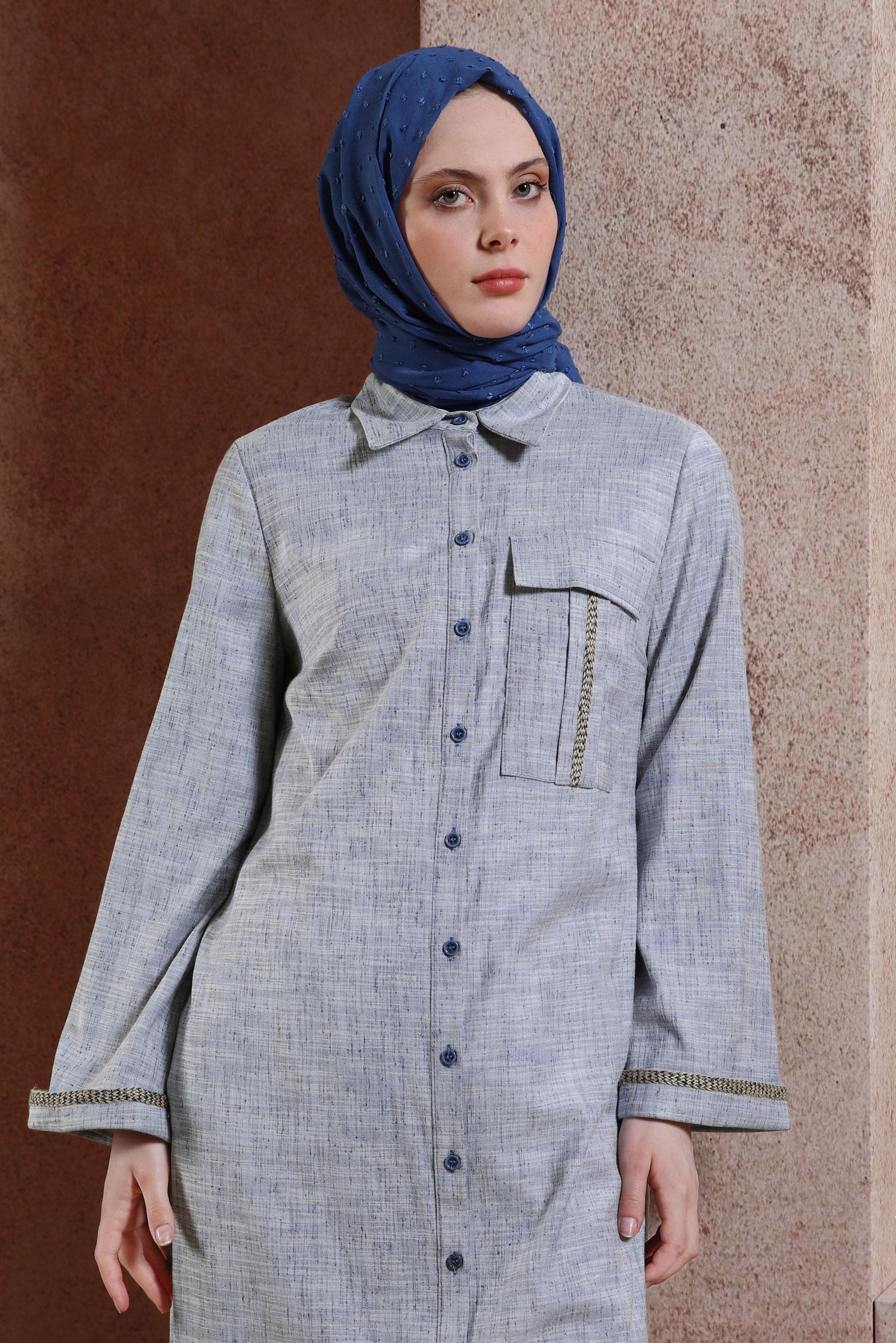 Tesettür giyim LACİVERT GÖMLEK YAKA TUNİK 44480