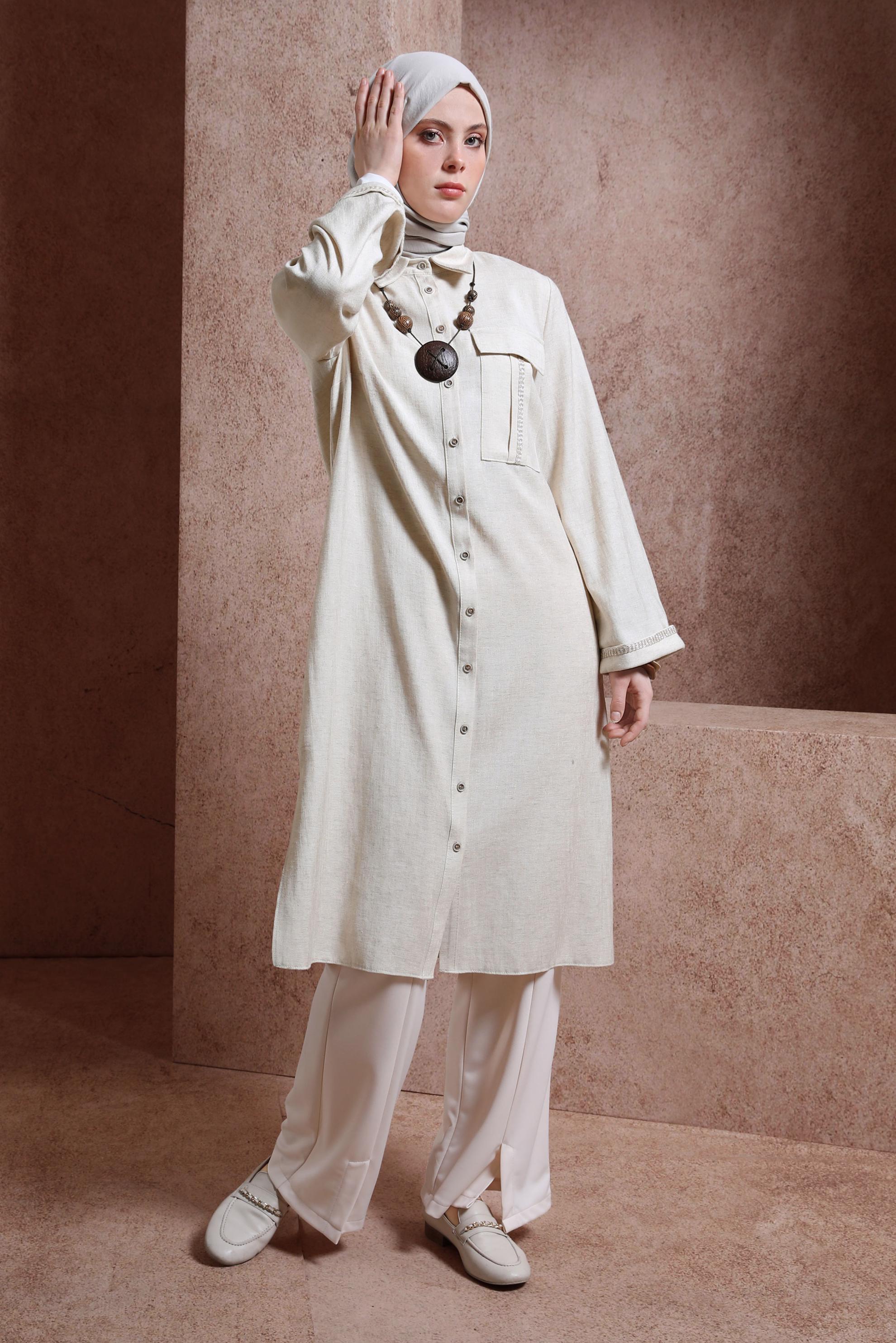 Tesettür giyim BEJ GÖMLEK YAKA DÜĞMELİ TUNİK 44480-1