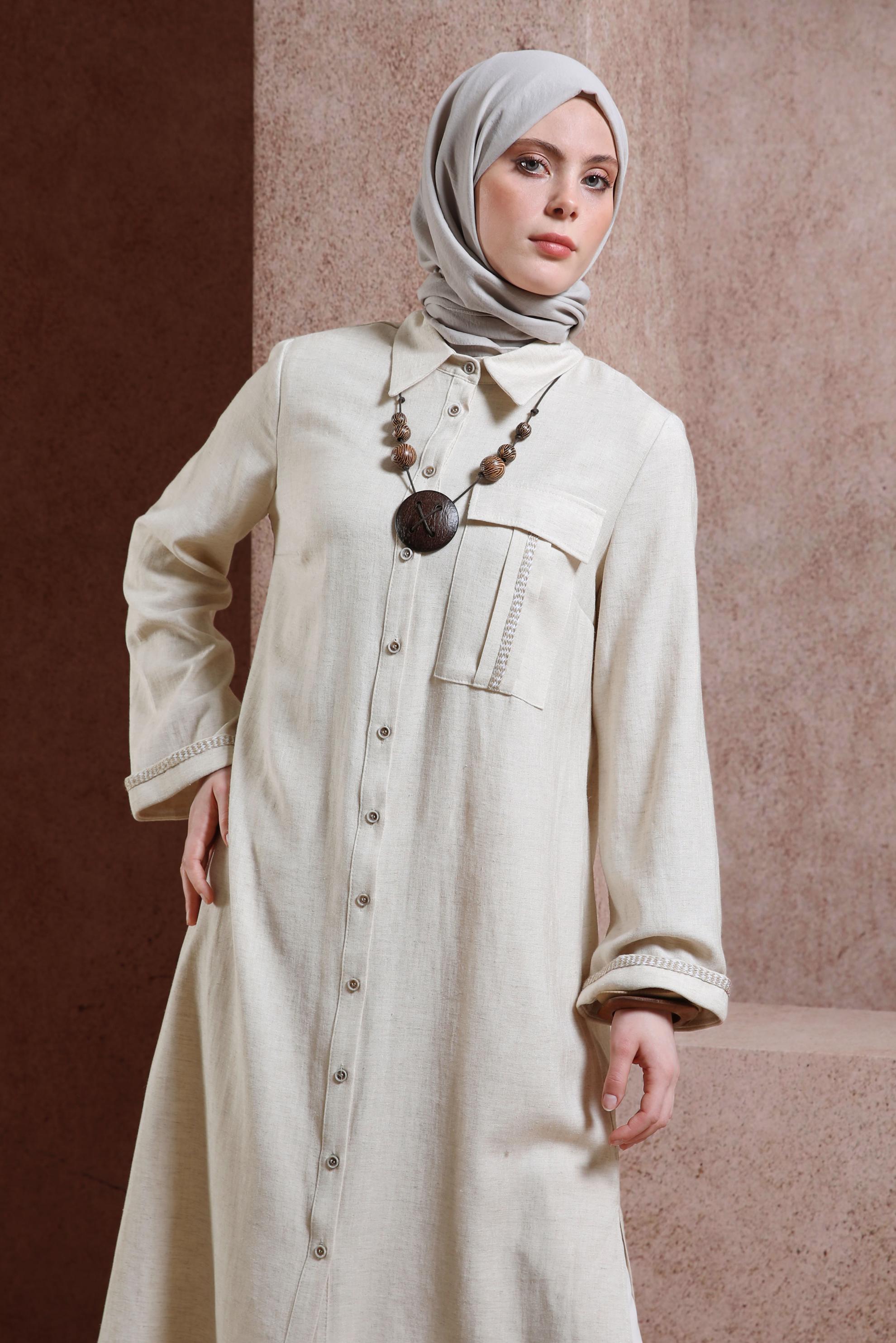 Tesettür giyim BEJ GÖMLEK YAKA DÜĞMELİ TUNİK 44480-1