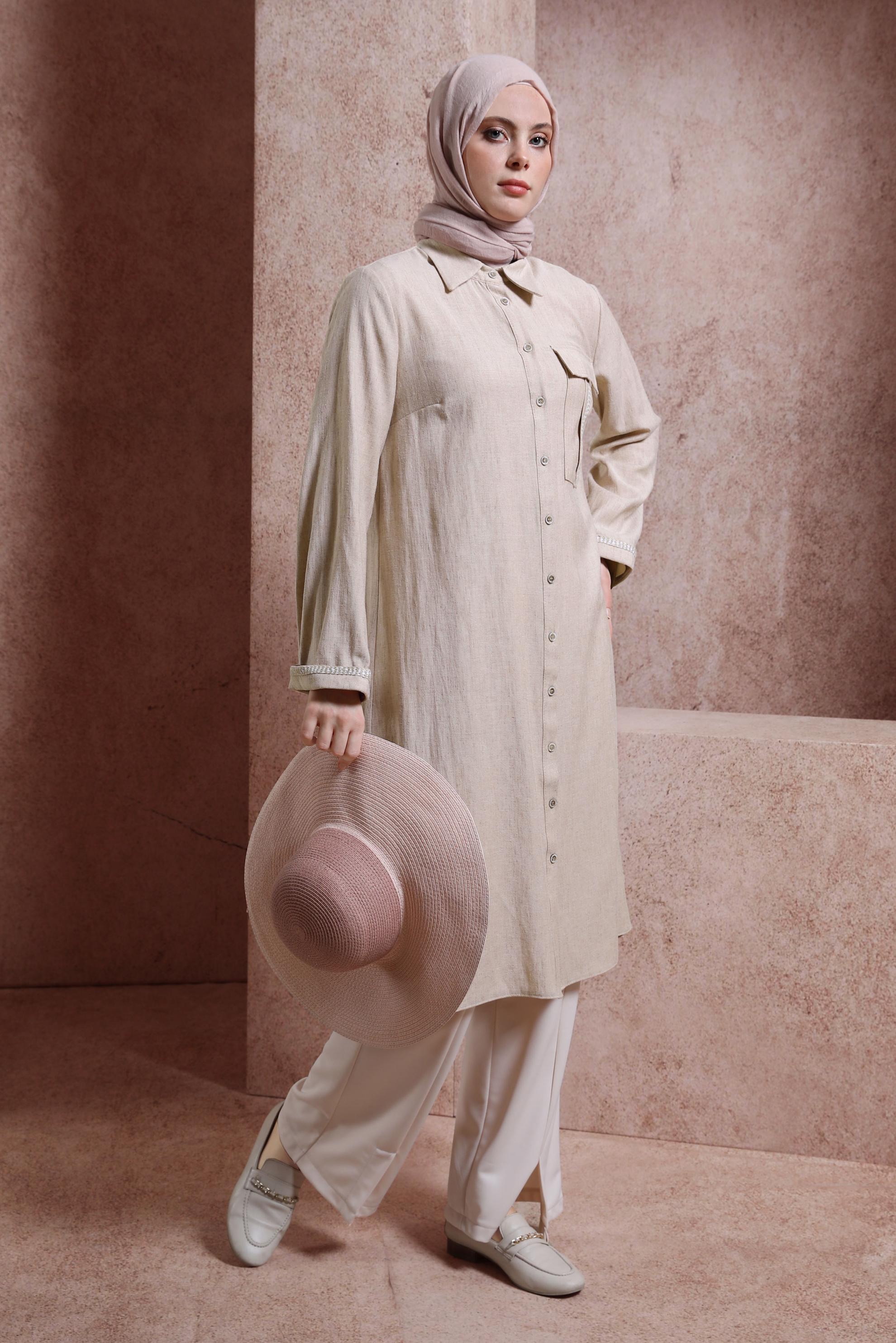 Tesettür giyim VİZON GÖMLEK YAKA DÜĞMELİ TUNİK 44480-1