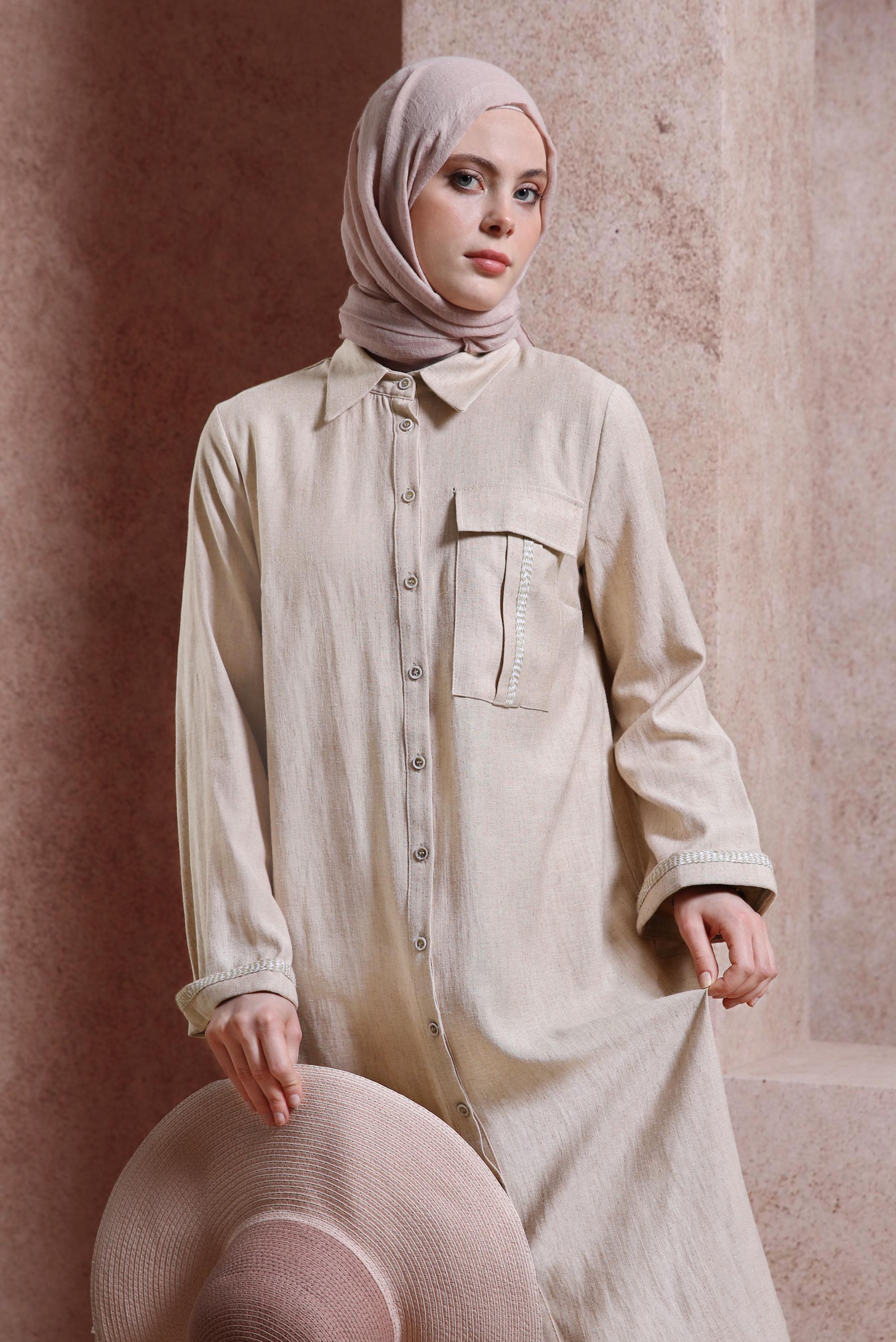 Tesettür giyim VİZON GÖMLEK YAKA DÜĞMELİ TUNİK 44480-1