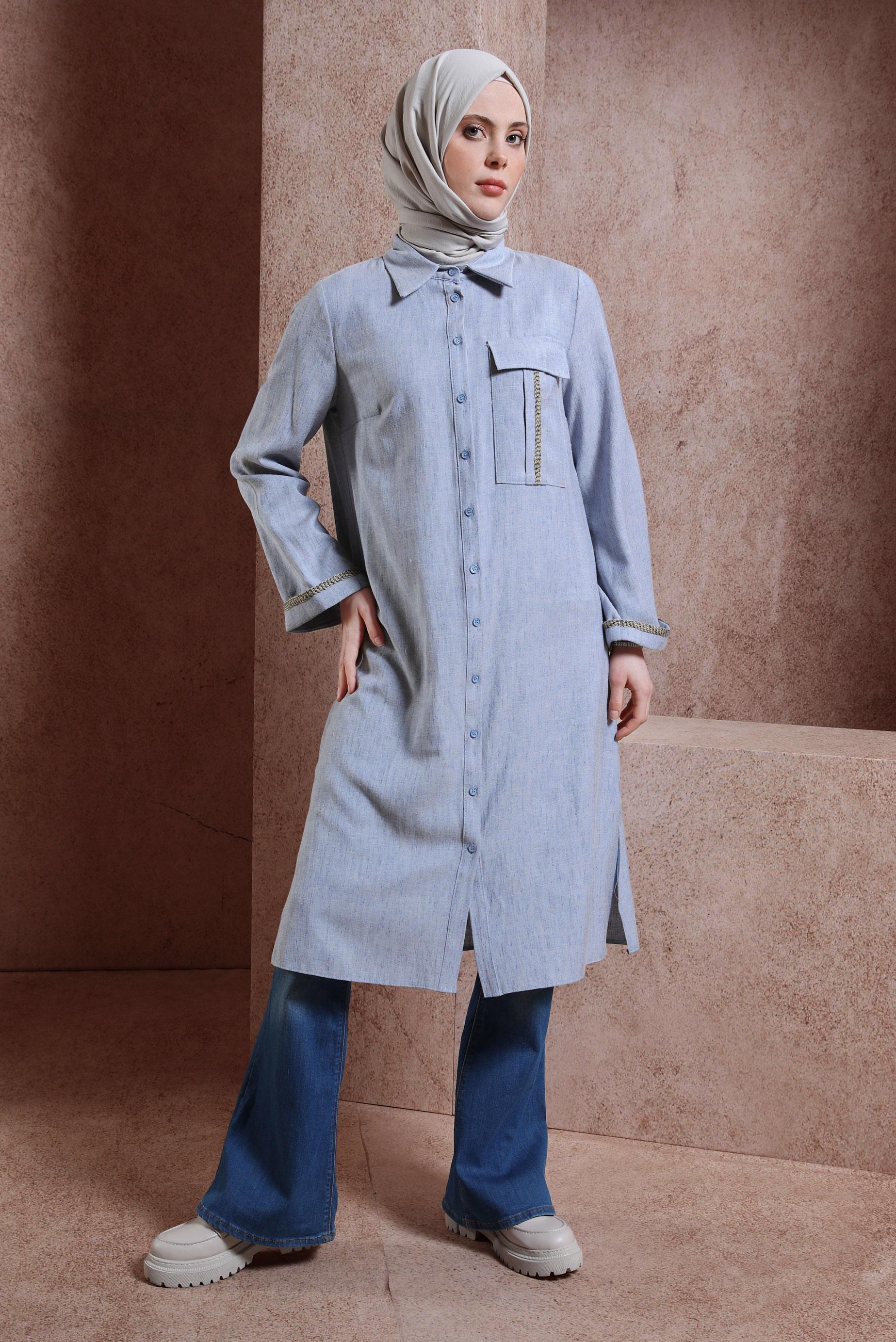 Tesettür giyim LACİVERT GÖMLEK YAKA DÜĞMELİ TUNİK 44480-1