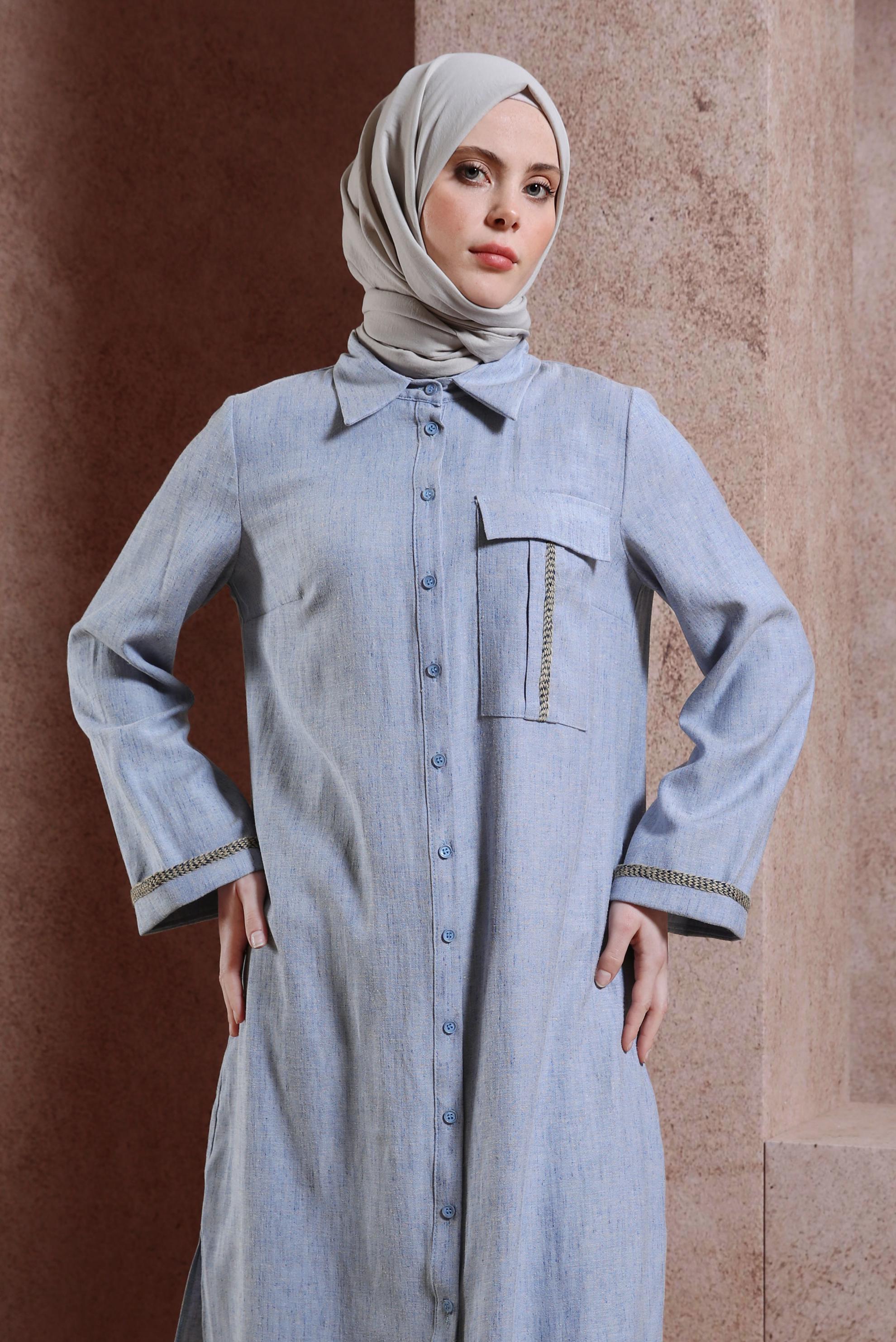 Tesettür giyim LACİVERT GÖMLEK YAKA DÜĞMELİ TUNİK 44480-1