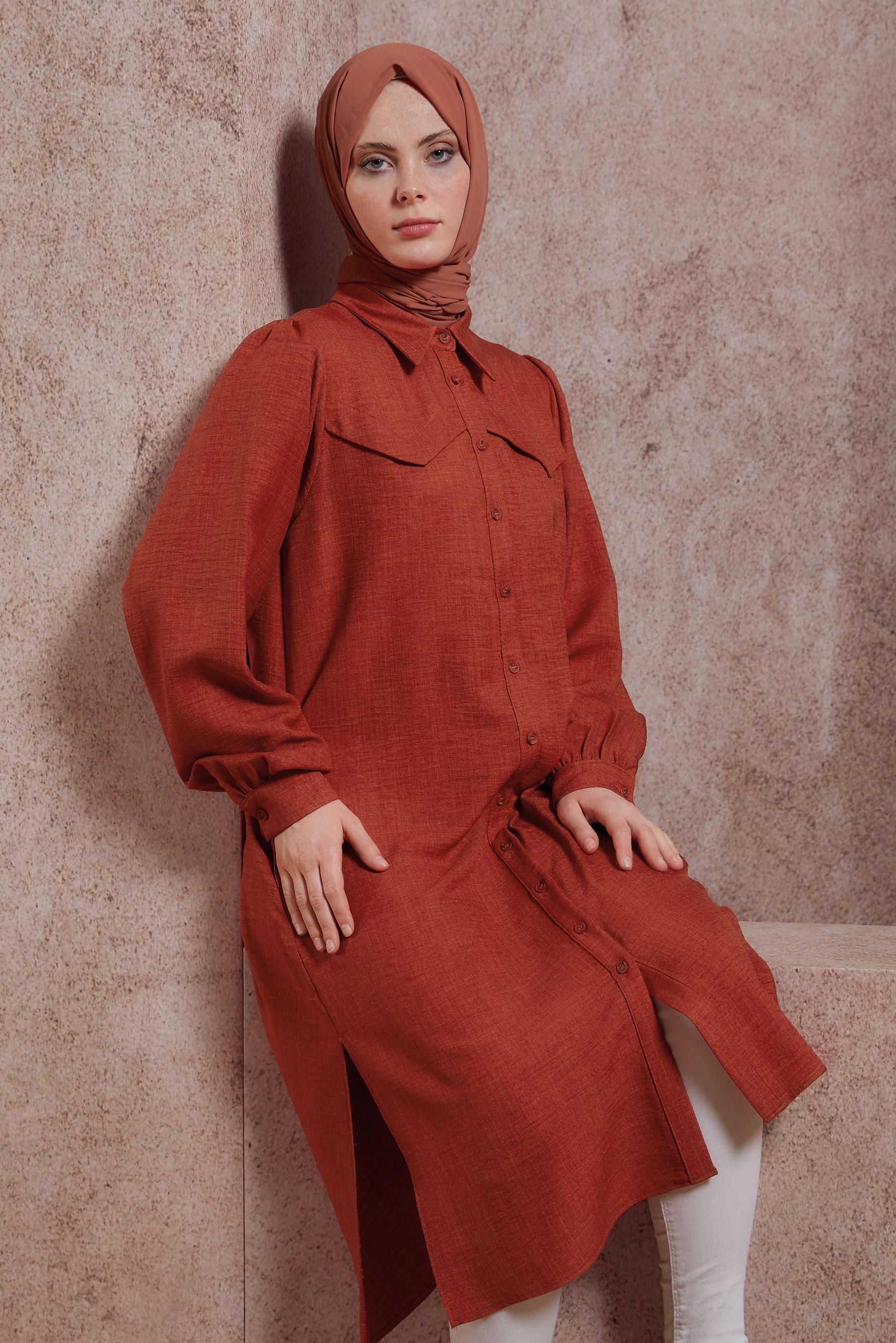 Tesettür giyim TURUNCU KUŞAK DETAYLI TUNİK 44481