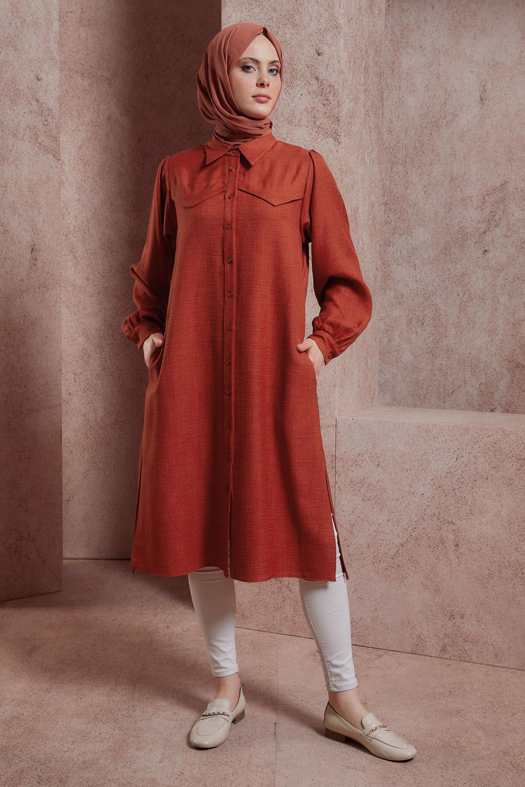 Tesettür giyim TURUNCU KUŞAK DETAYLI TUNİK 44481