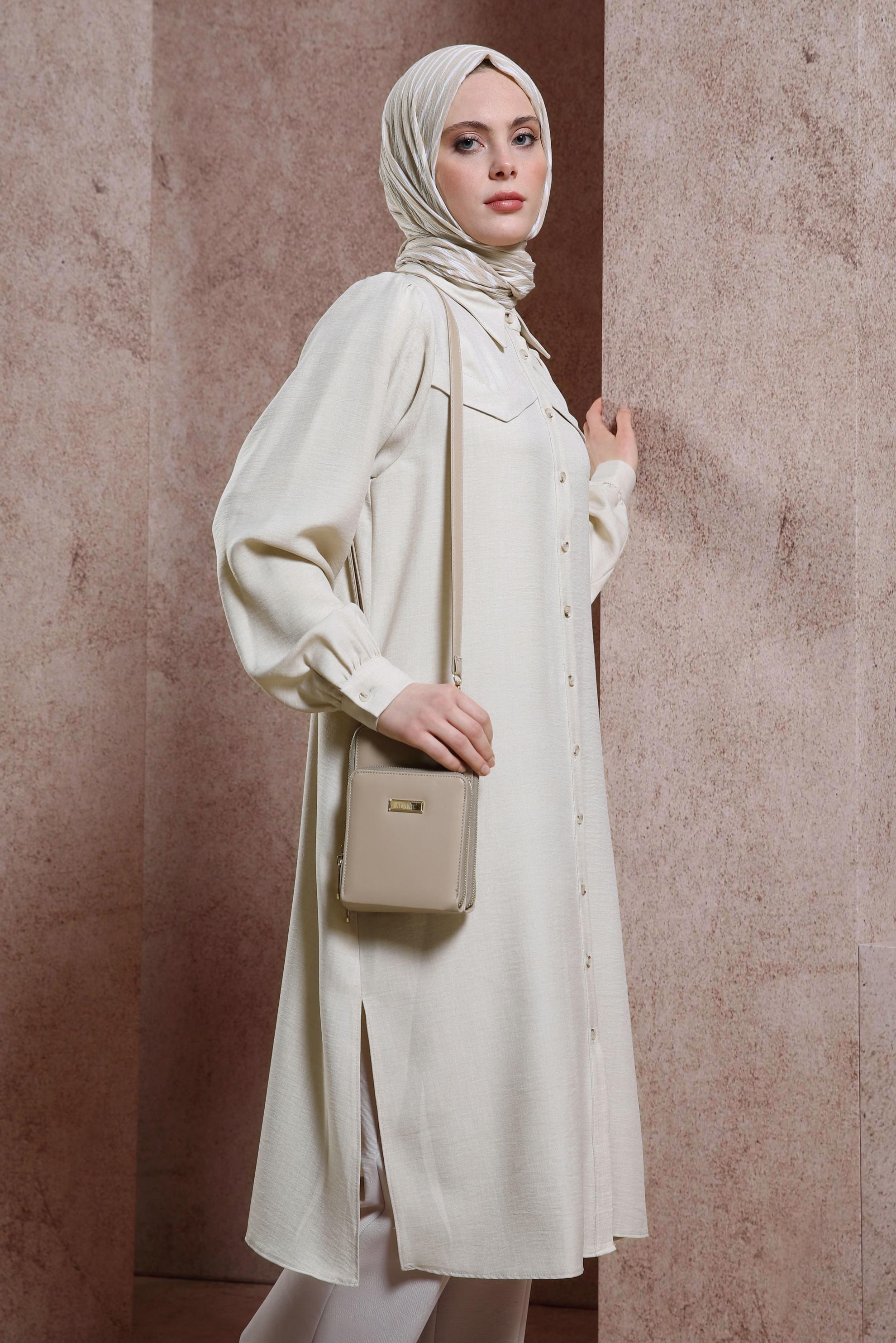 Tesettür giyim BEJ KUŞAK DETAYLI TUNİK 44481