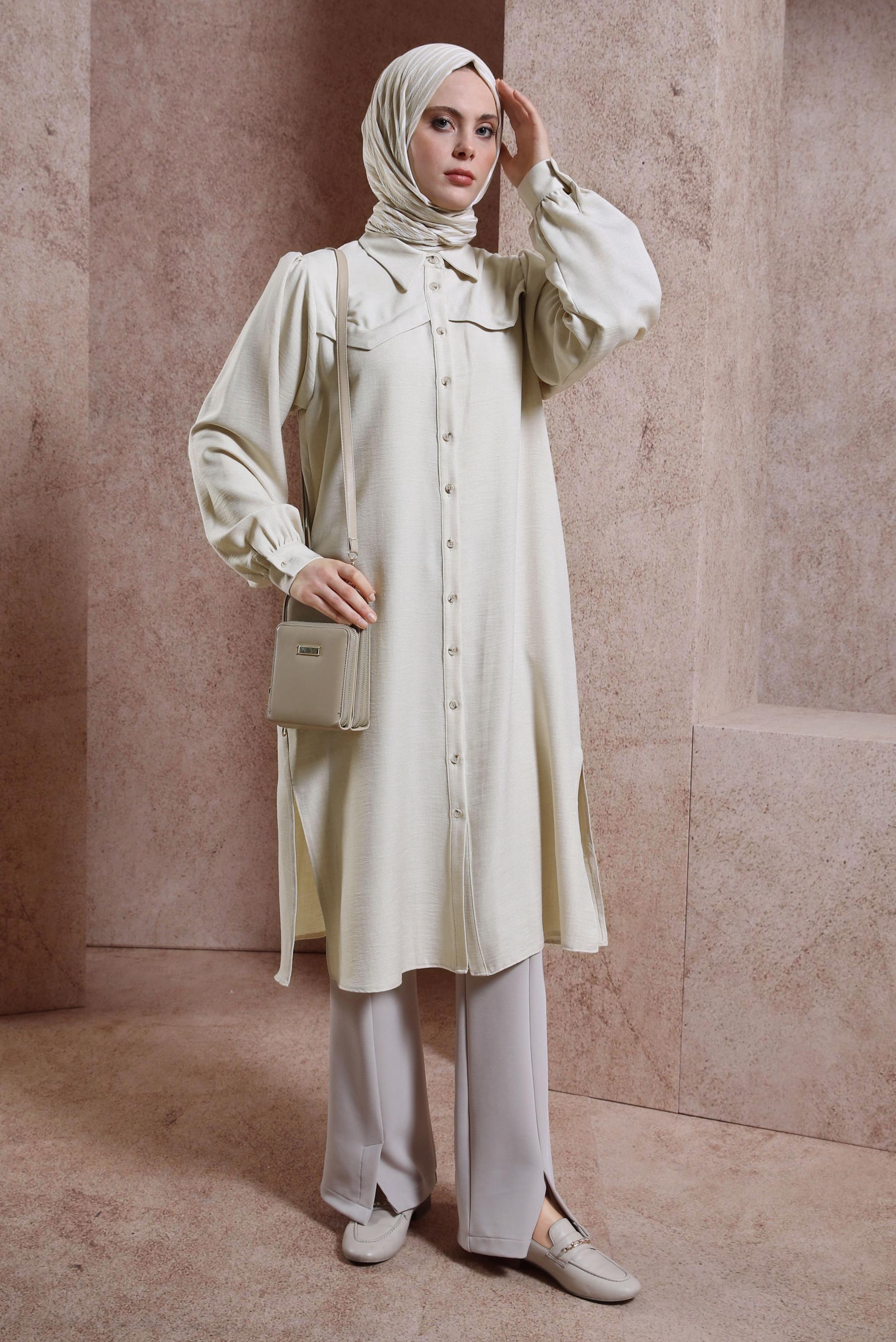 Tesettür giyim BEJ KUŞAK DETAYLI TUNİK 44481