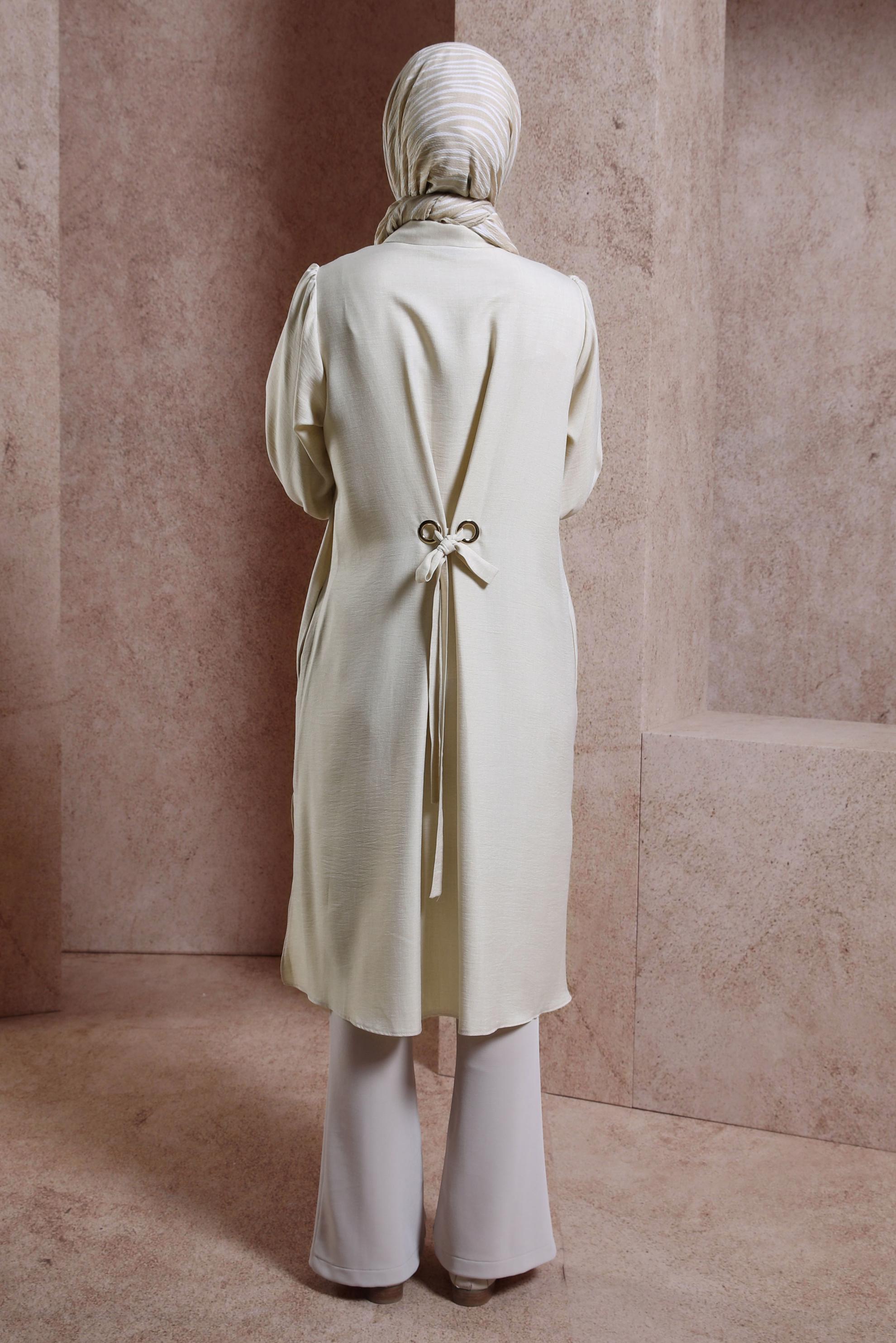 Tesettür giyim BEJ KUŞAK DETAYLI TUNİK 44481