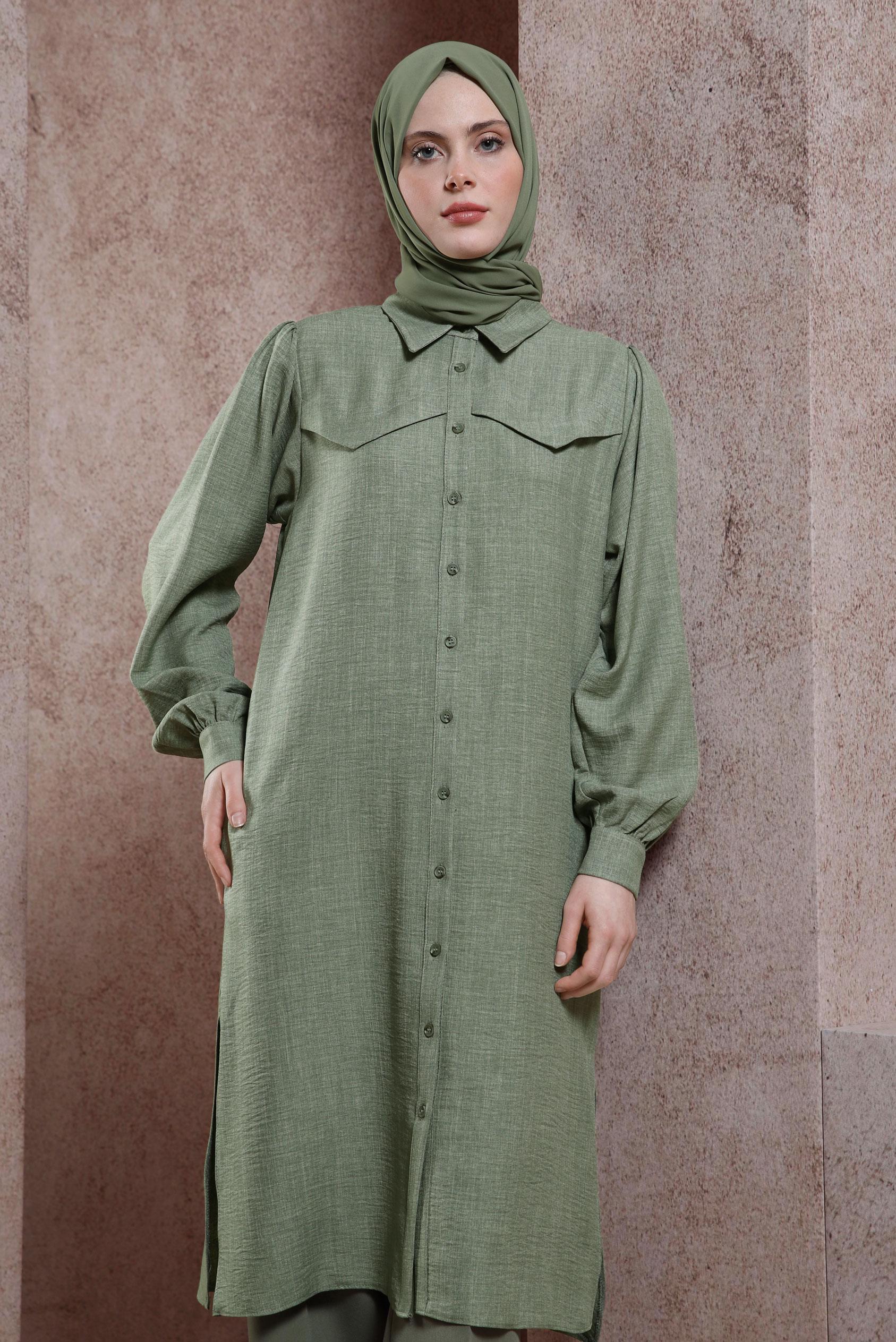 Tesettür giyim YEŞİL KUŞAK DETAYLI TUNİK 44481