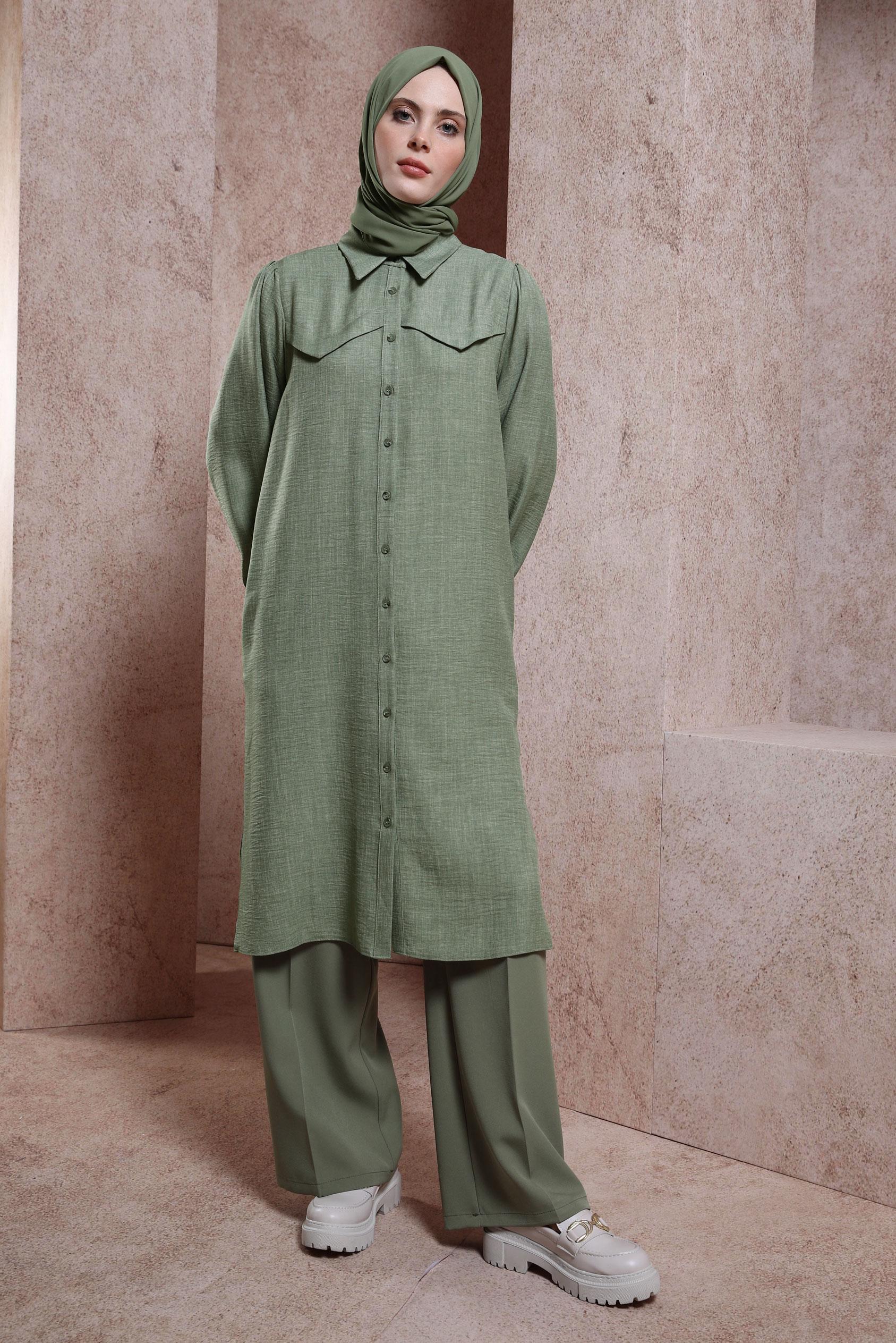 Tesettür giyim YEŞİL KUŞAK DETAYLI TUNİK 44481