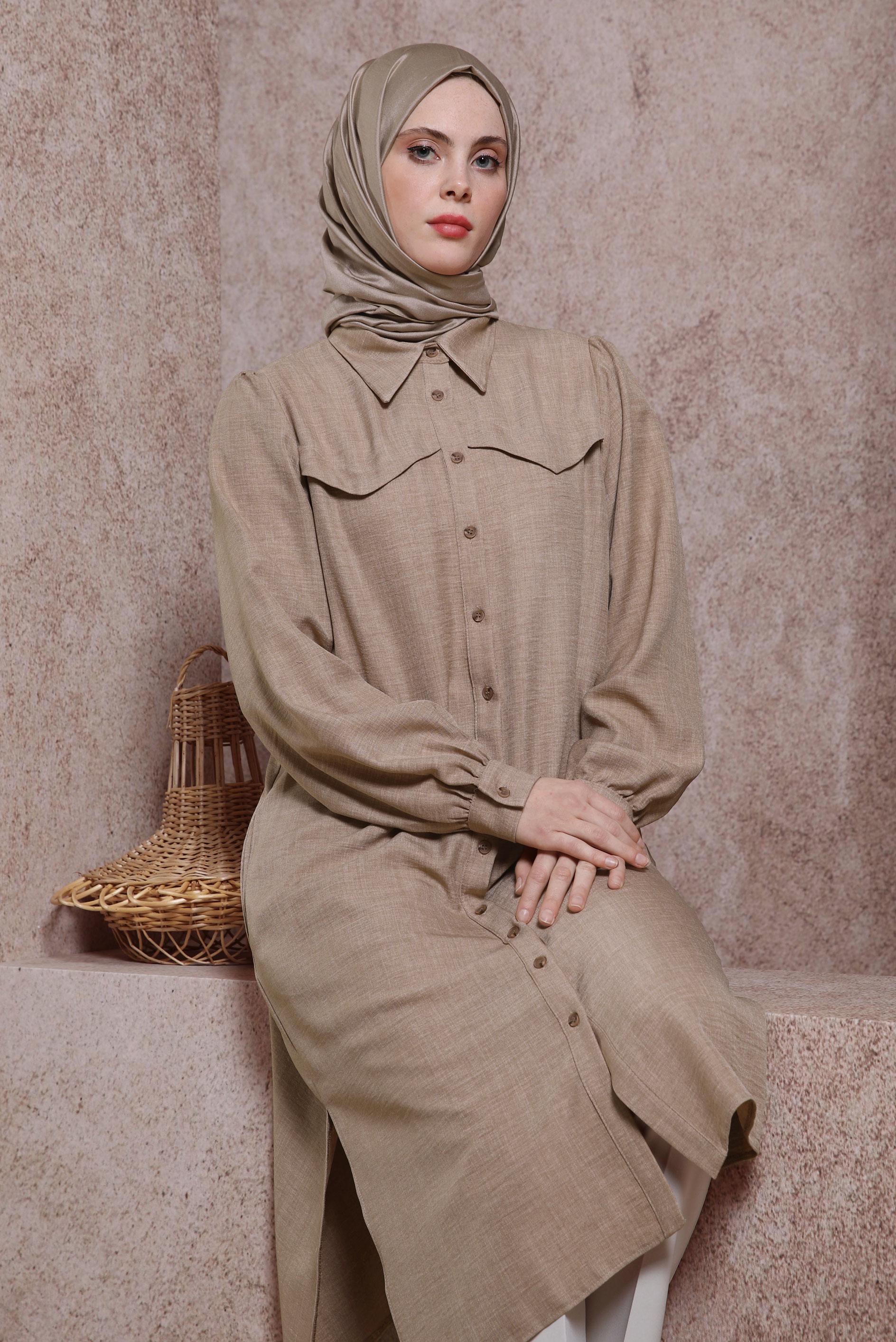 Tesettür giyim KAHVE KUŞAK DETAYLI TUNİK 44481