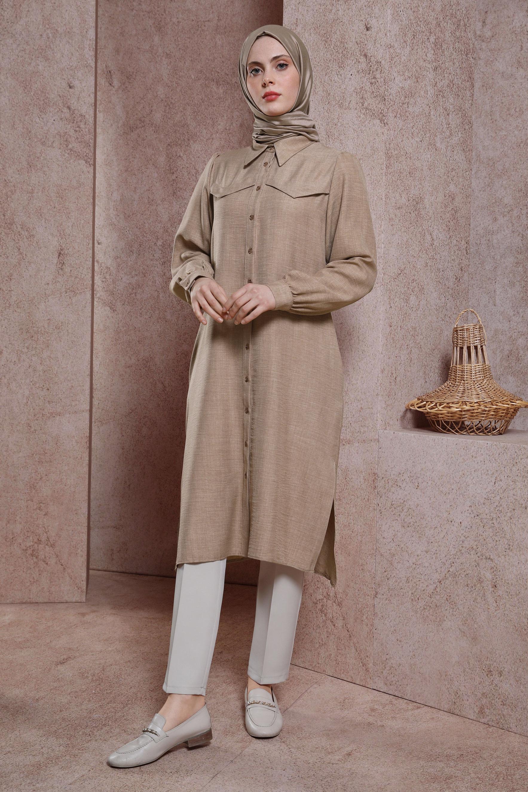 Tesettür giyim KAHVE KUŞAK DETAYLI TUNİK 44481