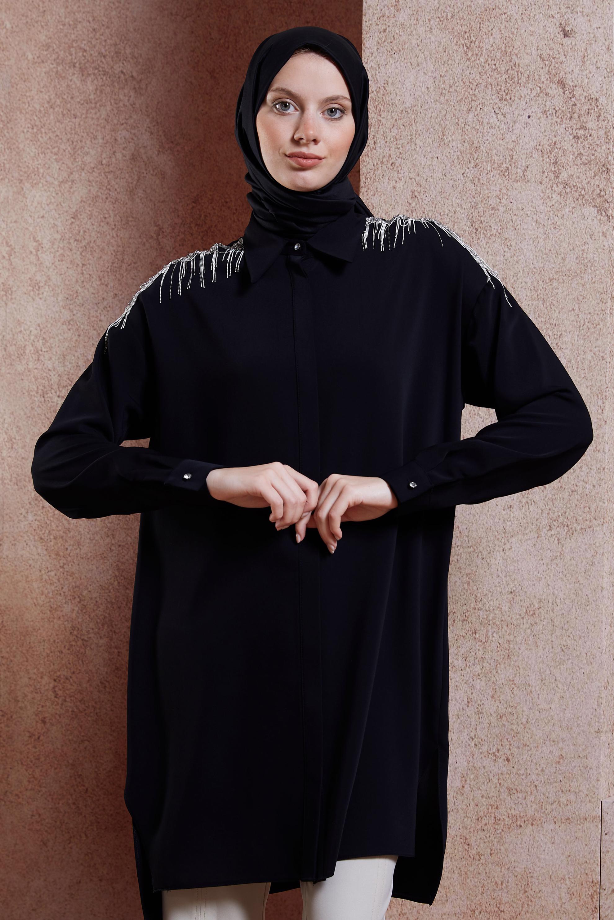 Vêtements hijab NOIR TUNIQUE À FRANGES 44482