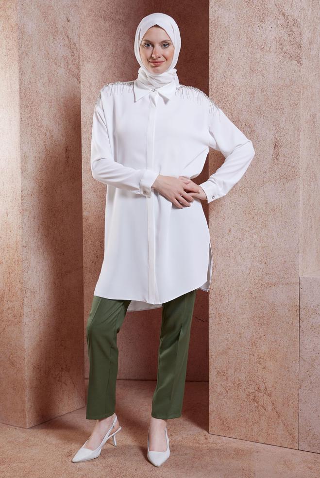 Tesettür giyim BEYAZ PÜSKÜL DETAYLI TUNİK 44482 - ALVİNA
