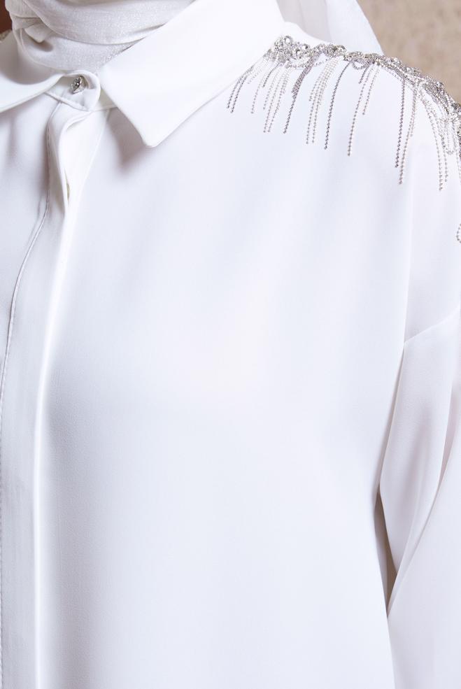 Tesettür giyim BEYAZ PÜSKÜL DETAYLI TUNİK 44482 - ALVİNA