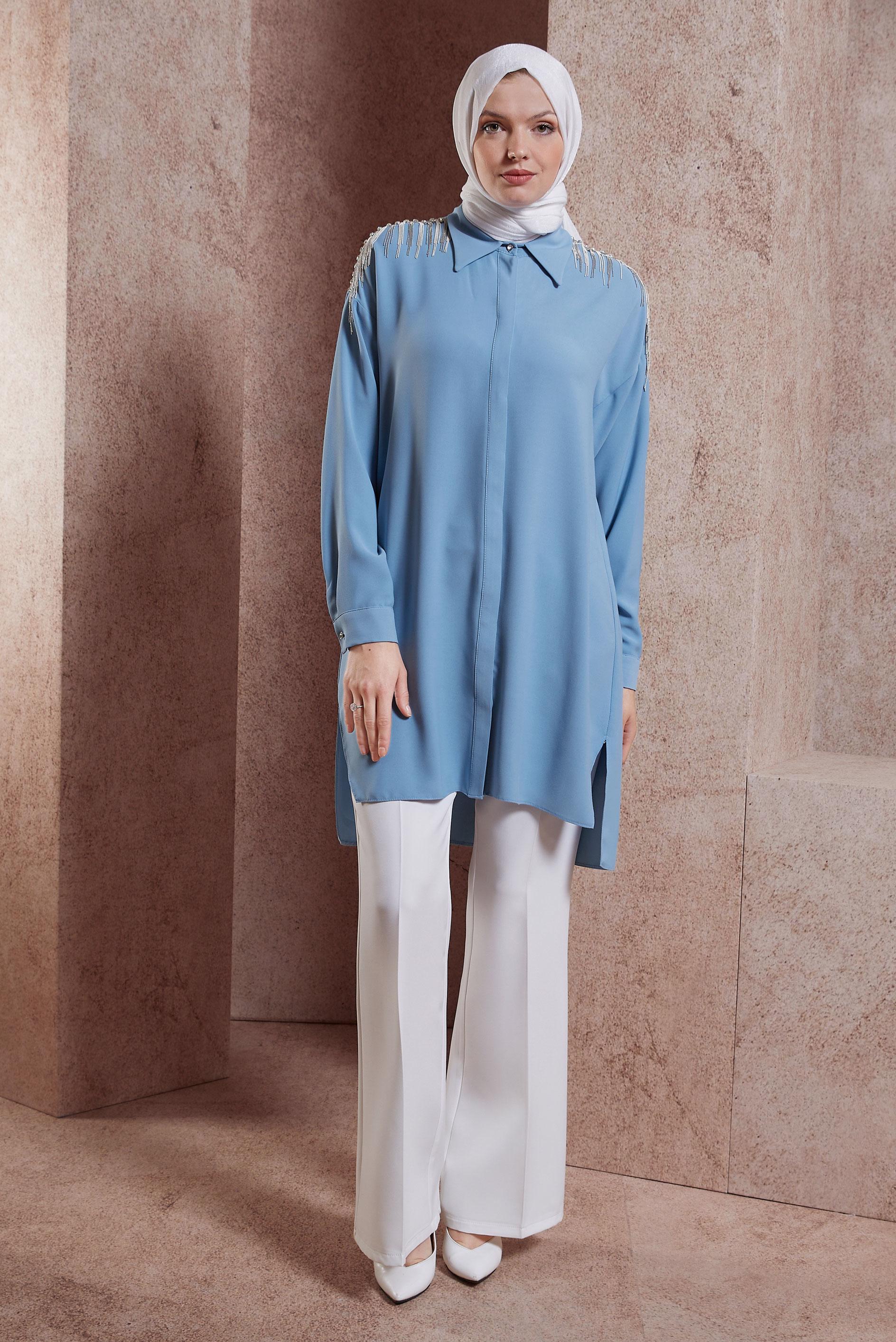 Tesettür giyim MAVİ PÜSKÜL DETAYLI TUNİK 44482