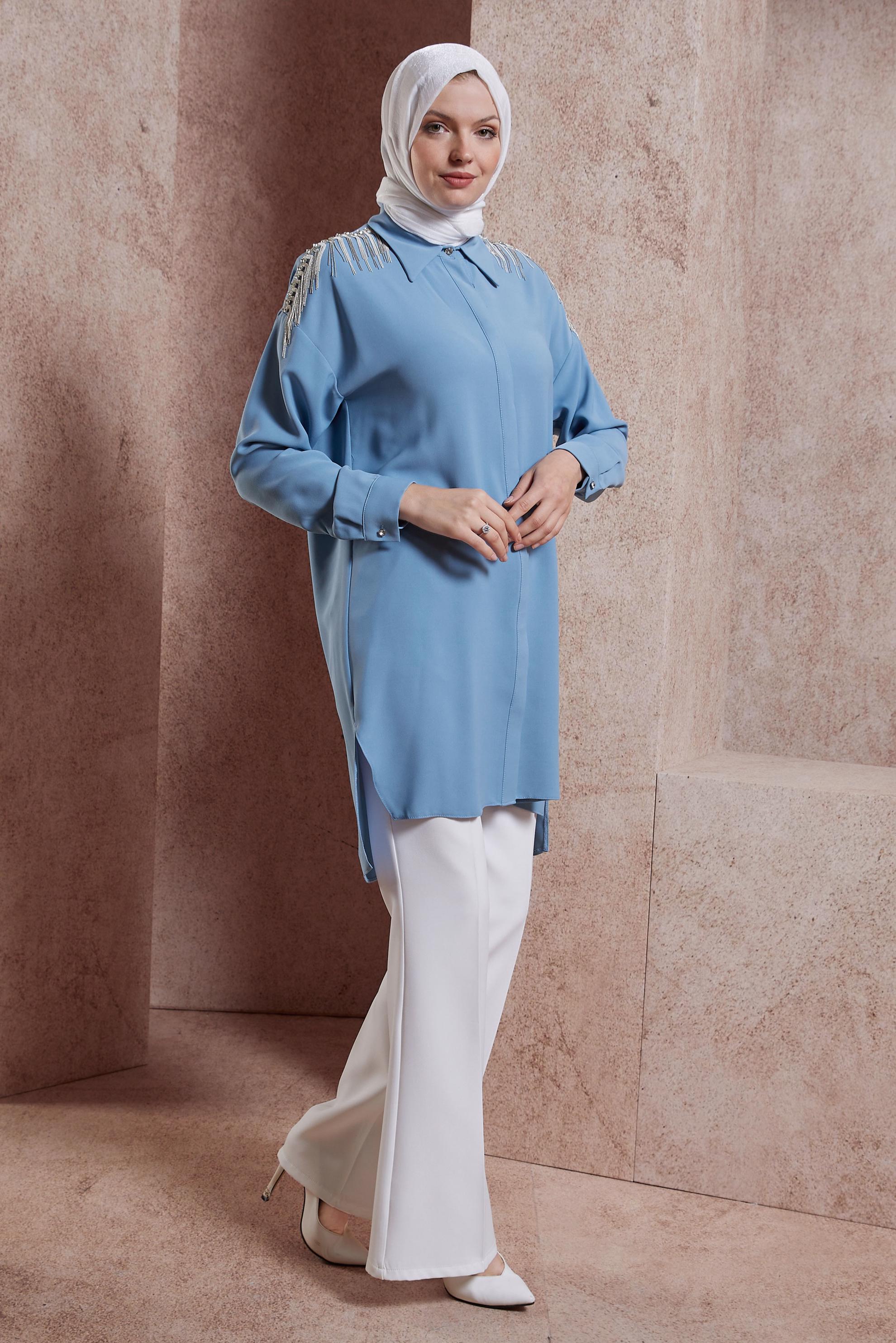 Tesettür giyim MAVİ PÜSKÜL DETAYLI TUNİK 44482