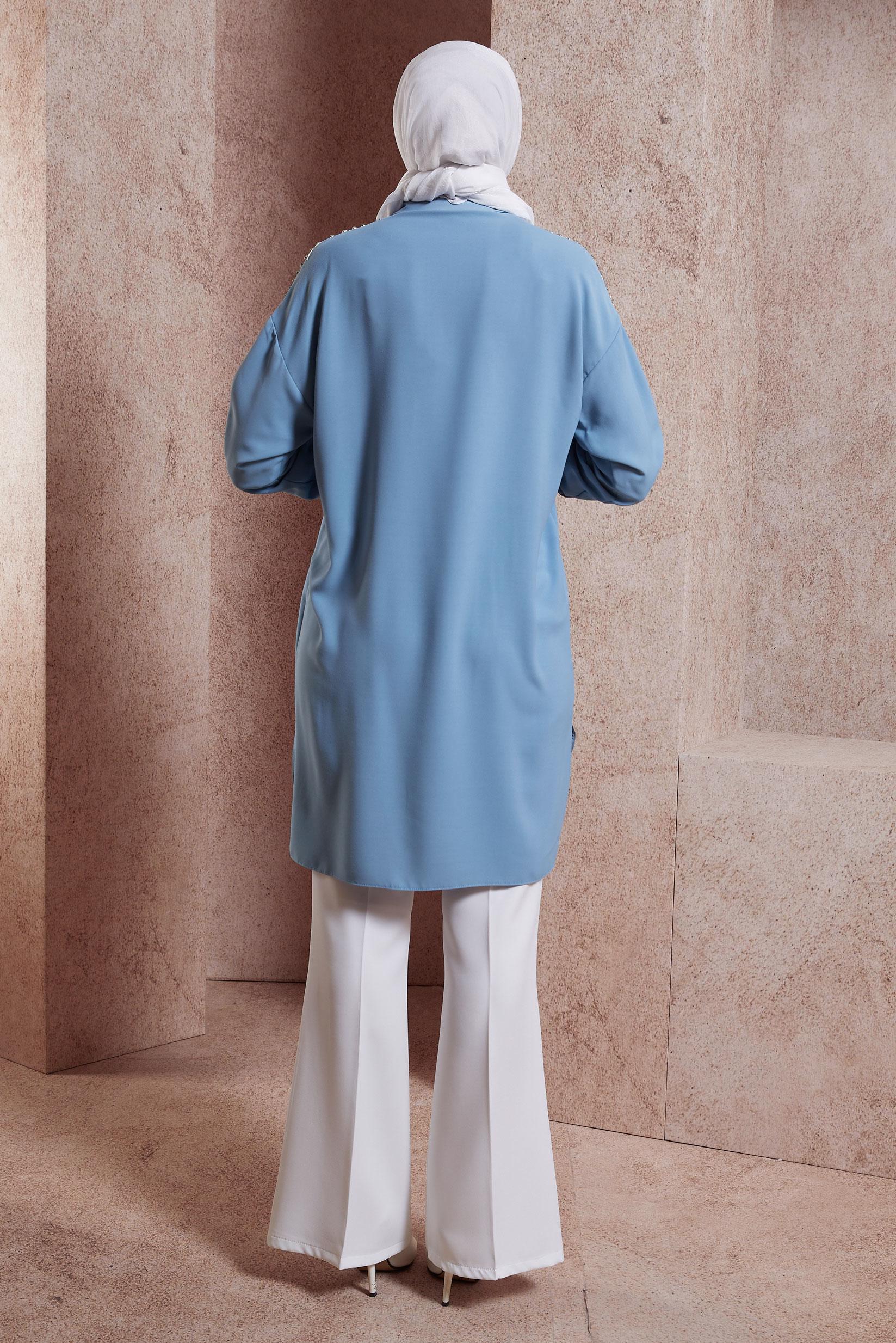 Tesettür giyim MAVİ PÜSKÜL DETAYLI TUNİK 44482