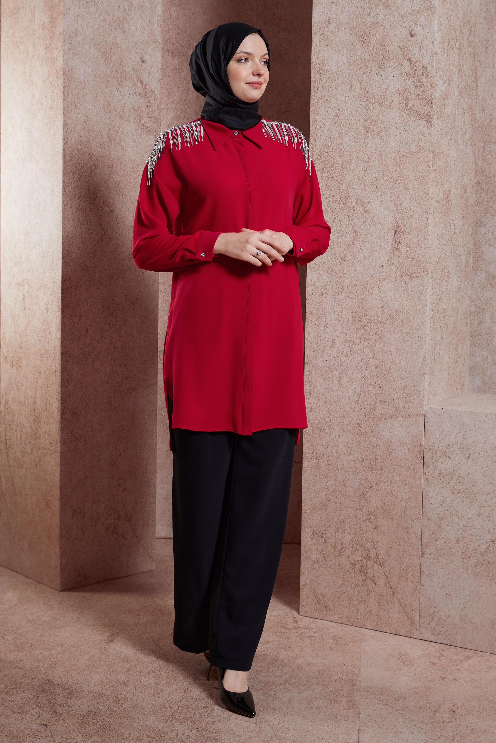 Tesettür giyim KIRMIZI PÜSKÜL DETAYLI TUNİK 44482
