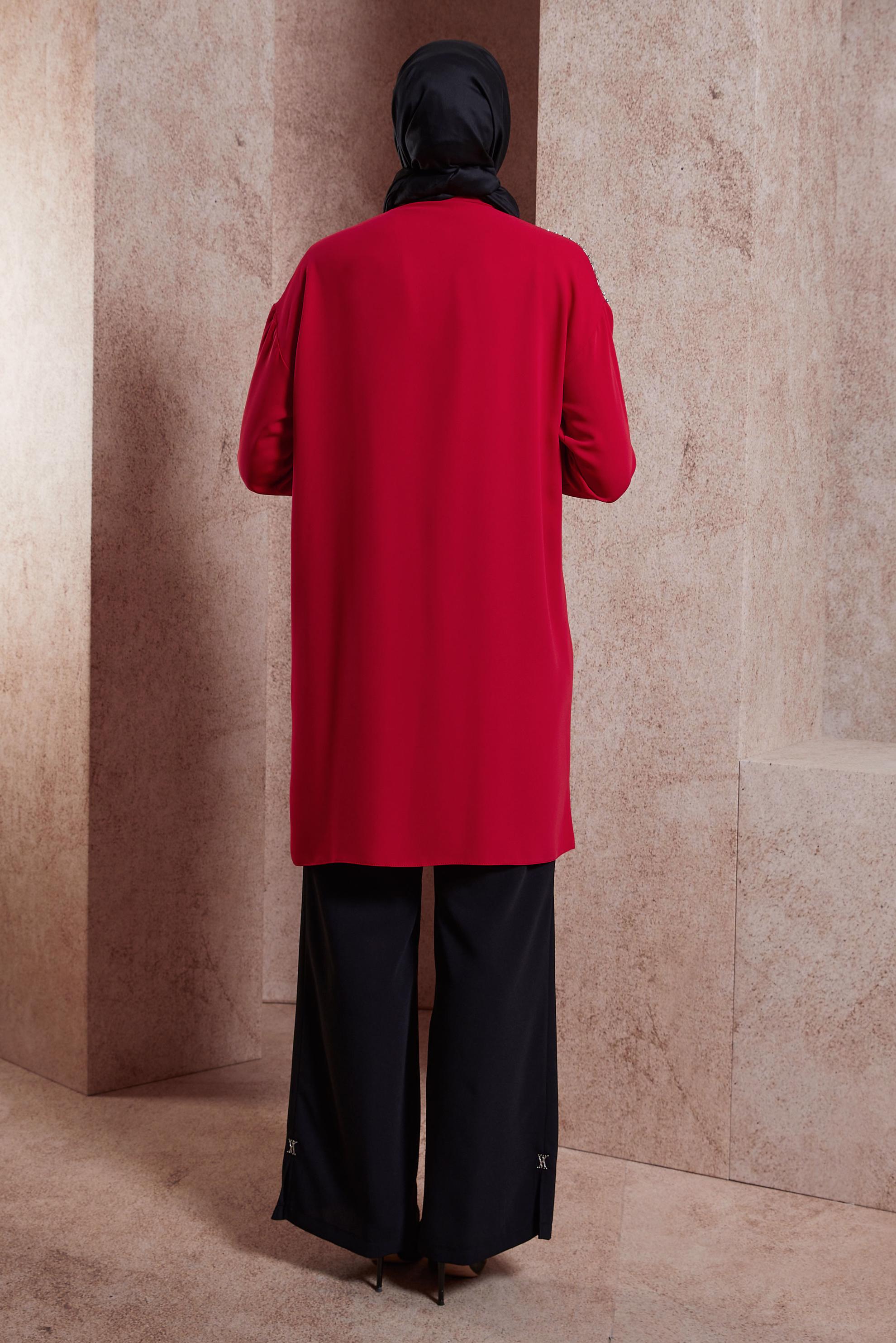 Tesettür giyim KIRMIZI PÜSKÜL DETAYLI TUNİK 44482