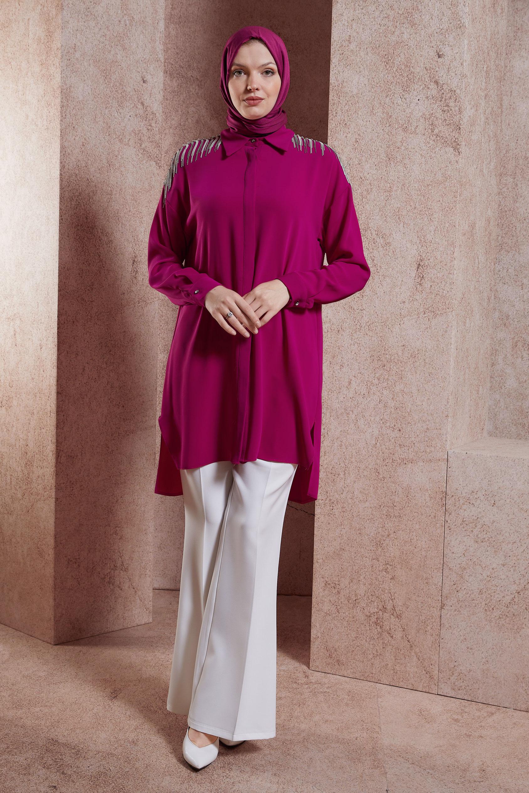 Tesettür giyim FUŞYA PÜSKÜL DETAYLI TUNİK 44482